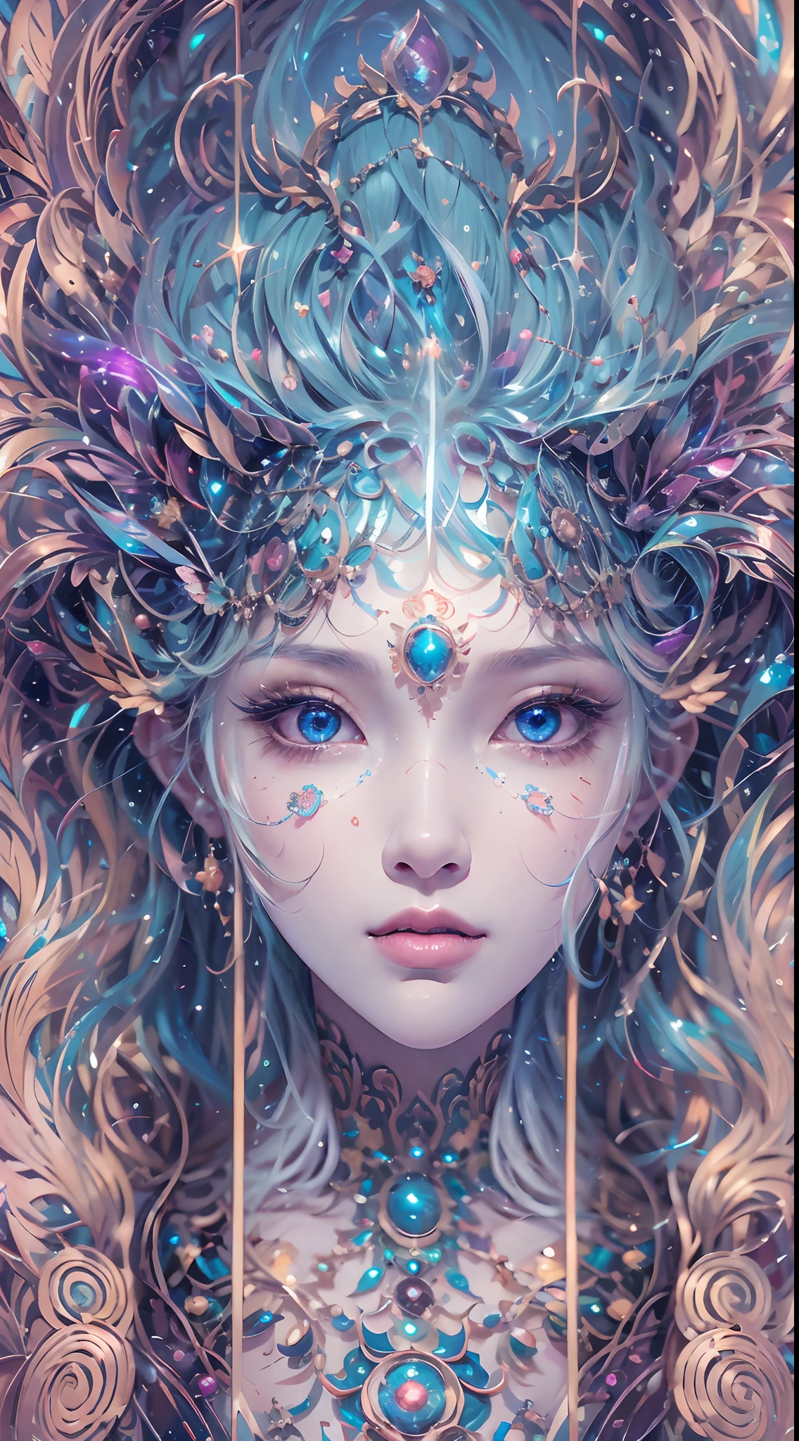 （best qualtiy，ultra - detailed，Most Best Illustration，Best shadow，tmasterpiece，A high resolution，professionalartwork，famousartwork），Sky blue picture style，Detailed eyes，beautidful eyes，closeup cleavage，sci-fy，colored sclera，Robot eyes，face markings，Tattooed with，（fractalized，Fractal eyes），largeeyes，Wide eyes，（Eye focus），sface focus，Cosmic eyes，Space eyes，Close-up of metal sculpture of a woman with a moon in her hair，goddes。extremly high detail，3 d goddess portrait，Extremely detailed footage of the goddess，a stunning portrait of a goddess，Full body close-up portrait of the goddess，hecate goddess，portrait of a norse moon goddess，goddess of space and time，PureErosFace_V1，Urzang-6500-V1 version.1，