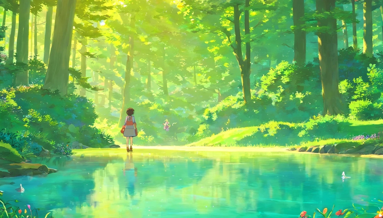 A 13-year-old girl,By the lake in the forest,Kittens are by your side,flower sea,having picnic,There are vegetables,the fruits,pizza,Extreme light and shadow,Aurora chase,Extreme ambient light,The ultimate lake reflection,heal,bright sun