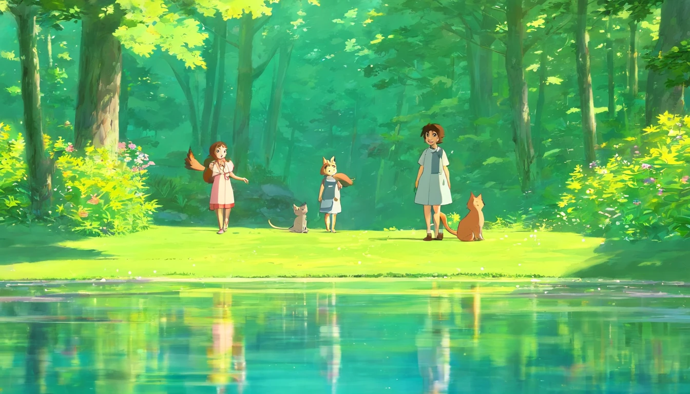A 13-year-old girl,By the lake in the forest,Kittens are by your side,flower sea,having picnic,There are vegetables,the fruits,pizza,Extreme light and shadow,Aurora chase,Extreme ambient light,The ultimate lake reflection,heal,bright sun