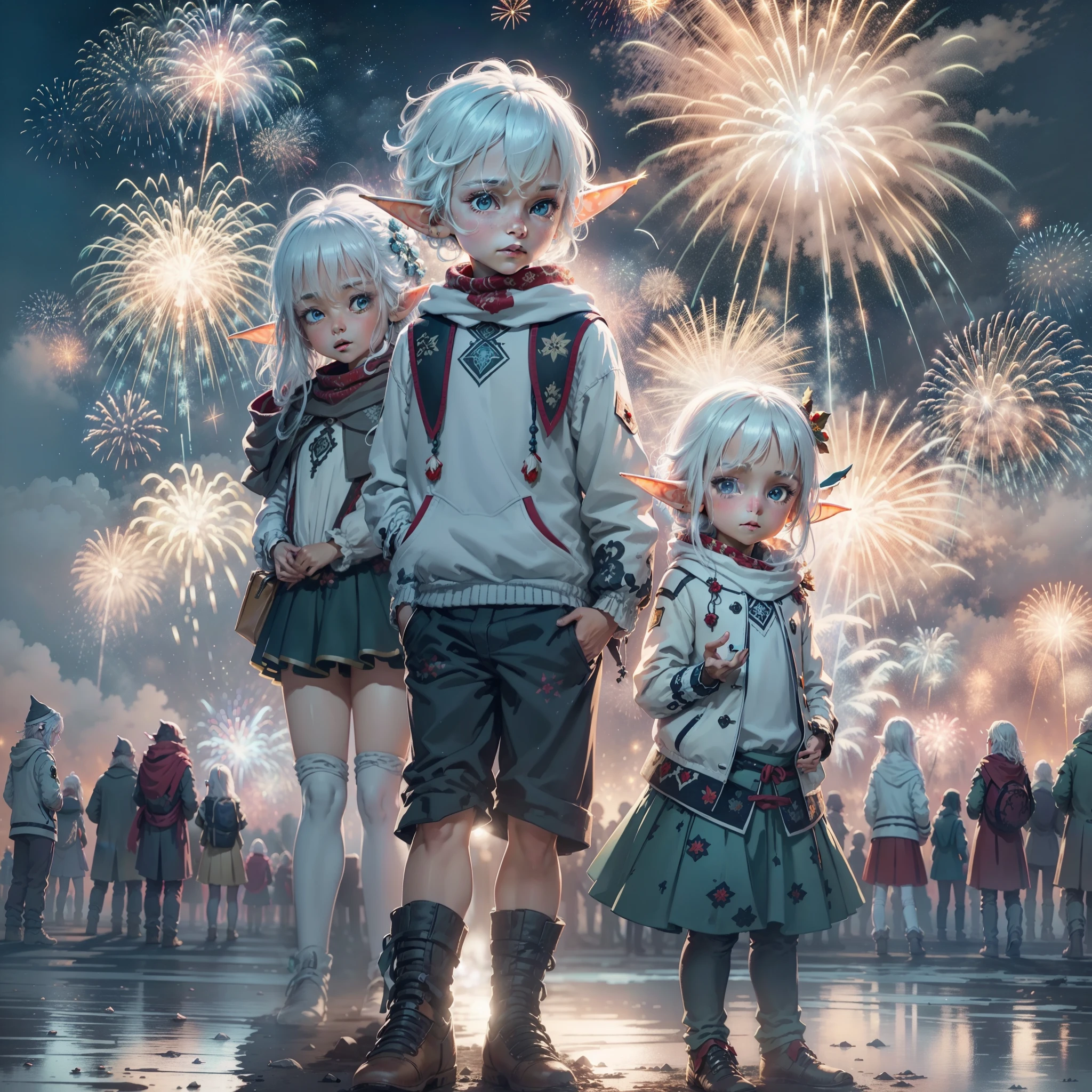 Realistic scenery, ultra - detailed, the night, full-body portraits ,Child elves, White hair, Blue eyes, White clothes, , Hands in pockets, Fireworks explode in the sky , The fireworks are huge,Spectacular fireworks display.