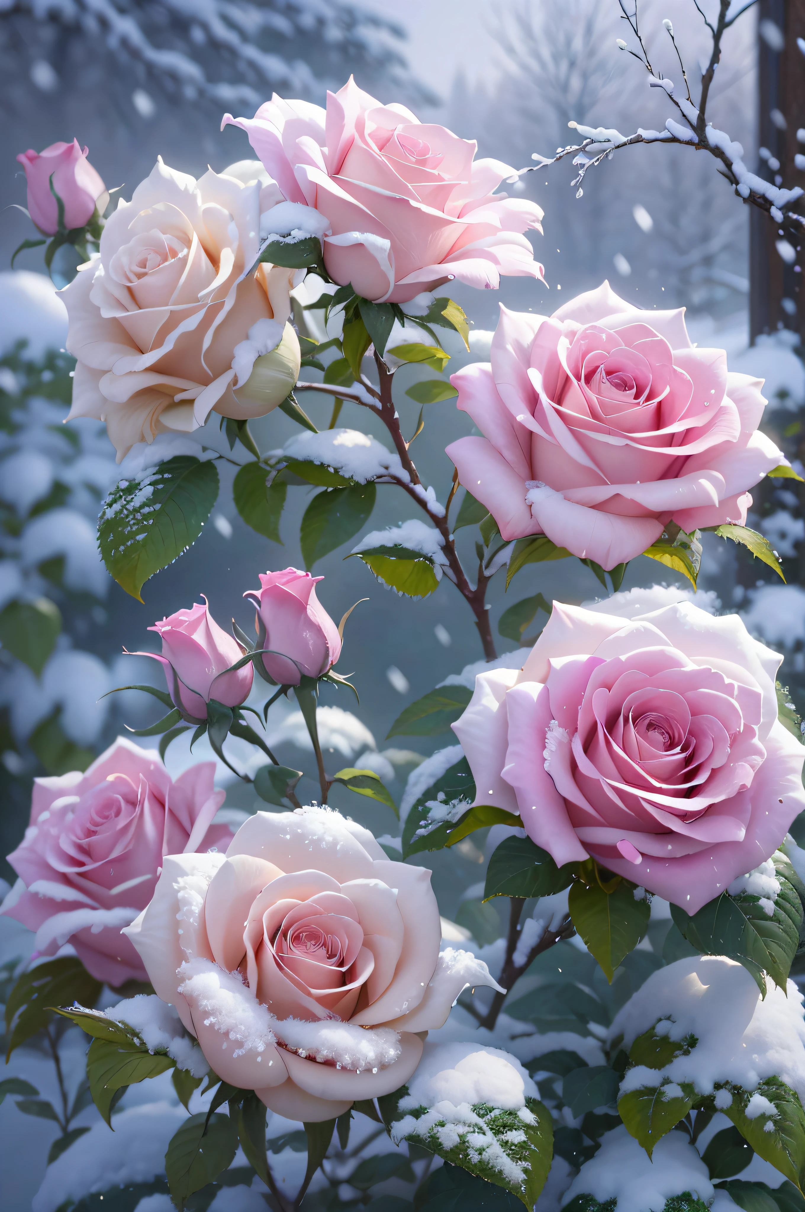 There are many pink roses covered in snow, Cheng Jiasui realistic painting, Tumblr, romanticism lain, Really beautiful nature, Beautiful nature, with frozen flowers around her, very beautiful photograph of, Beautiful and aesthetic, beautiful flowers growing, Beautiful flowers, Rose garden, leading to a beautiful, Incredibly beautiful, very realistic looking, warm beautiful scene