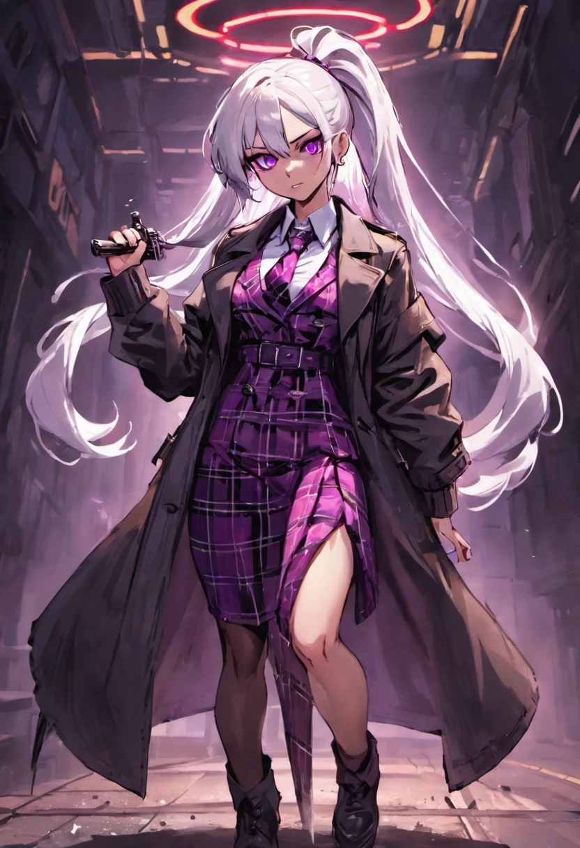 Beautiful agent with a pistol，Long hair tied in a ponytail on the side，white color hair，Purple eye，Shirt plaid skirt tie，Long trench coat，Take a gun，Good girl，agent，Standing painting，full bodyesbian，Small black leather shoes