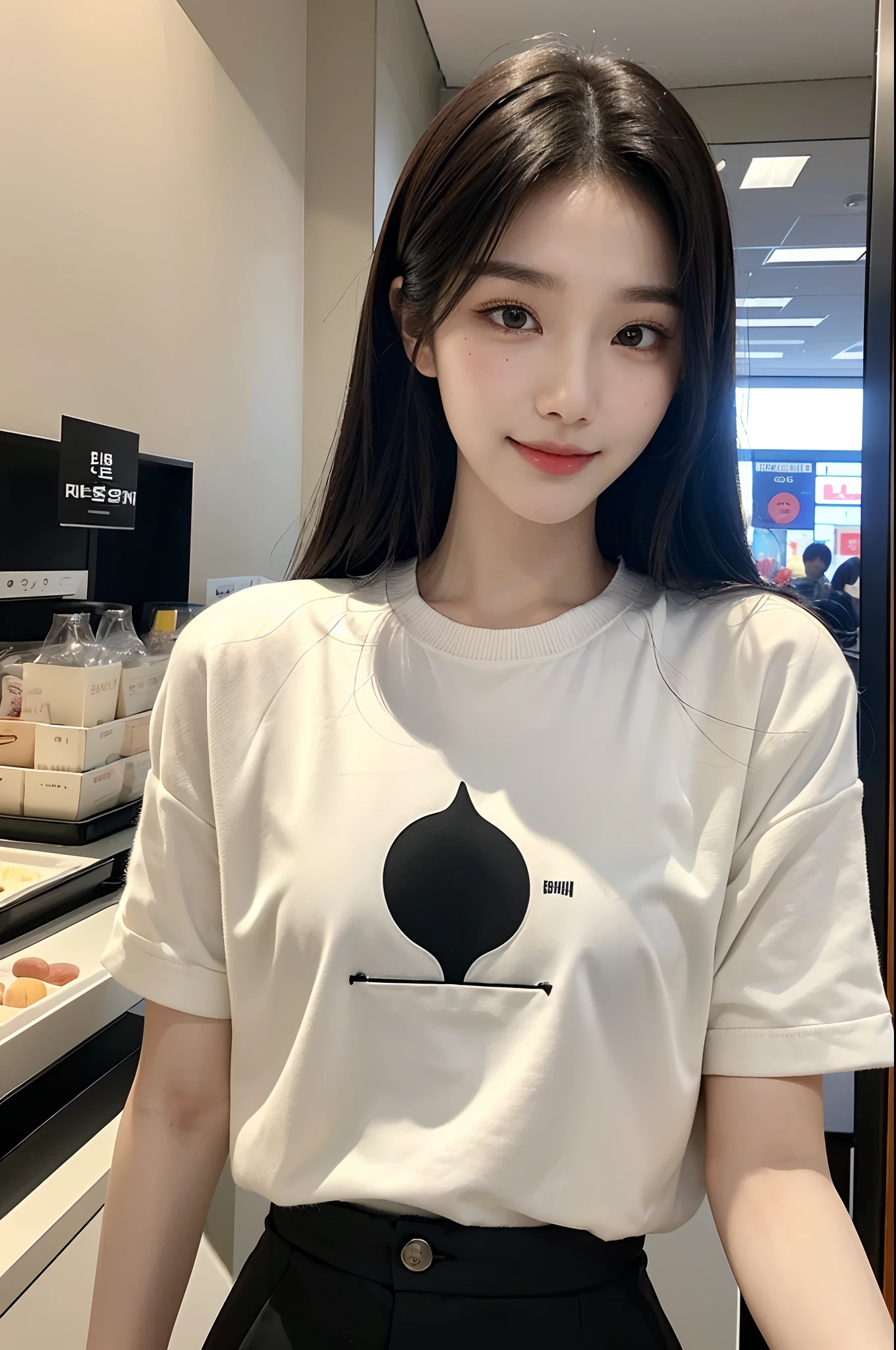 ​masterpiece、top-quality)、1 beutiful girl、Slim body、((Black and white plain clothes:1.1))、(Detailed beautiful eyes)、Walk around the store、((Boyish Brown Medium Hair))、((Smaller face))、((Neutral face))、((Face seen from the side))、((Light brown eyes))、((Korean Girl))、((18year old))、((cool lady))、((A shy smile on his face))、((Korean Makeup))、((elongated and sharp eyes))、((Happy dating))、((looking distantly))、((boyish))、((Shot from the same height as your face))、((Shorter than viewer))、((She is running ahead of the viewer))、((Embarrassed to hold your mouth with your hand))