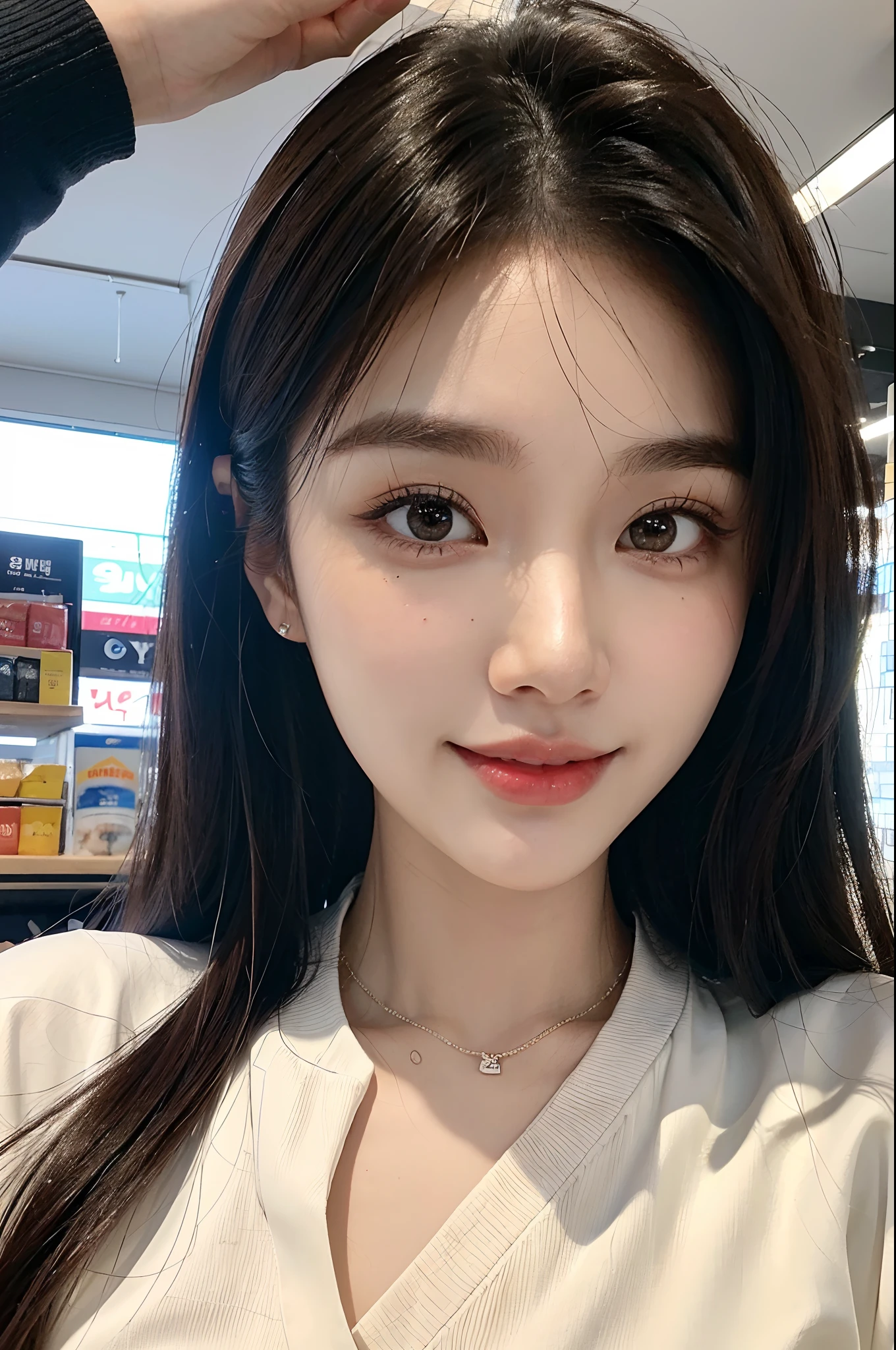 masterpiece、top-quality)、1 beutiful girl、Slim body、((Black and white plain clothes:1.1))、(Detailed beautiful eyes)、Walk around the store、((Boyish Brown Medium Hair))、((Smaller face))、((Neutral face))、((Face seen from the side))、((Light brown eyes))、((Korean Girl))、((18year old))、((cool lady))、((A shy smile on his face))、((Korean Makeup))、((elongated and sharp eyes))、((Happy dating))、((looking distantly))、((boyish))、((Shot from the same height as your face))、((Shorter than viewer))、((She is running ahead of the viewer))、((Embarrassed to hold your mouth with your hand))