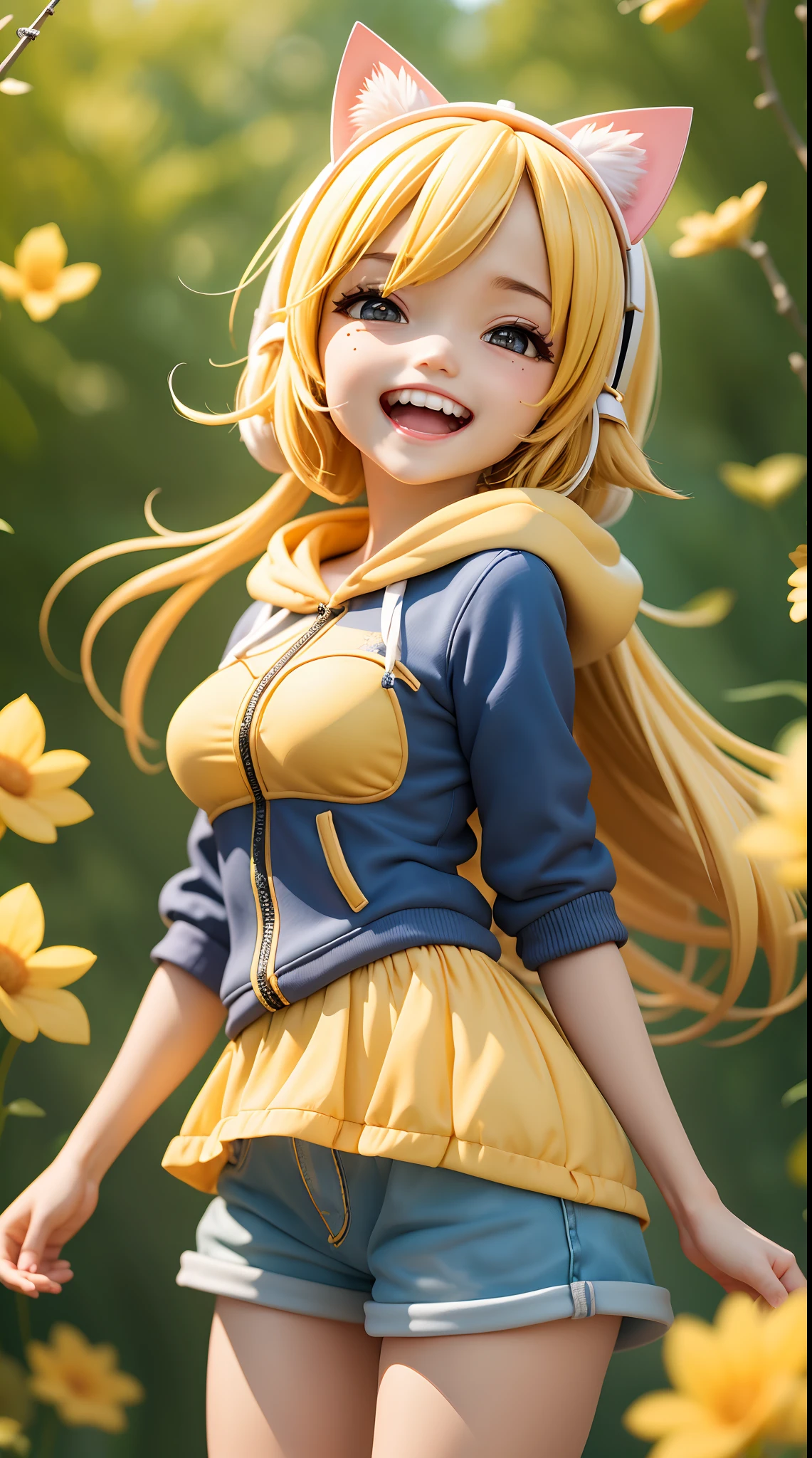 (Masterpiece), (Highest quality), (illustration), (Super detailed), (high resolution), Absurdity, One girl,vibrant, Spirited, cheerful big breasts,Lively, (kagamine-rin), (vocaloid), (((Laughing))), Long hair, Cat ear hairpins, (hoody), Wear a hood, Moe Sleeves, Blush, Denim shorts, (Blonde), Very cute girl, small, Young, Delicate, Outdoors, Attention on Girls,Wave hello。