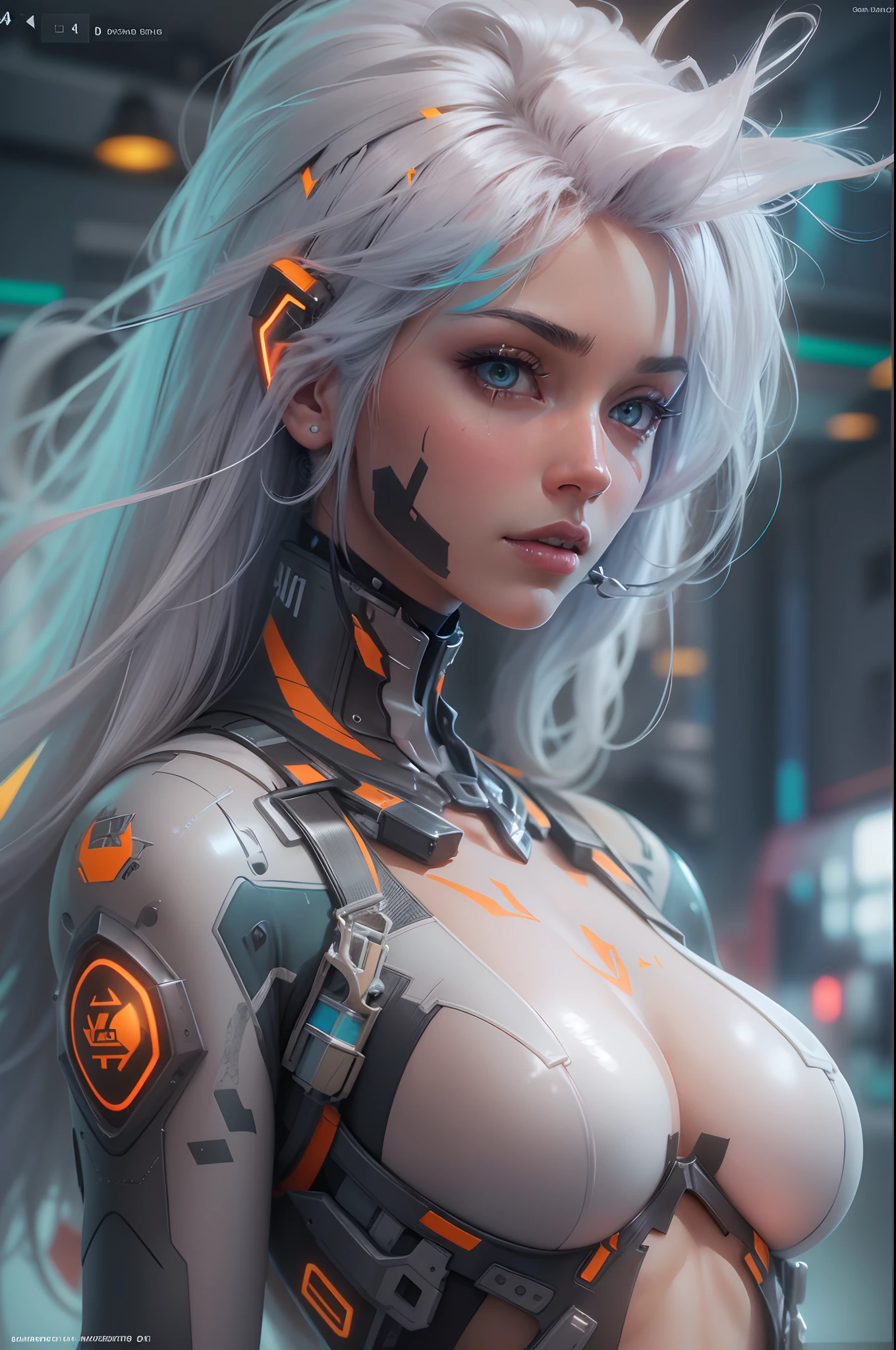 (((Young Woman))), ((Best Quality)), ((masutepiece)), (Detailed: 1.4), (Absurd), 19-year-old woman with Simon Bisley-style micro thong, Genesis evangelion neon style clothing, 2-piece clothing, Long white hair, arm tatoo, cybernetic hands, pastel, Centered, scale to fit the dimensions, nffsw (High dynamic range),Ray tracing,NVIDIA RTX,Hyper-Resolution,Unreal 5,Subsurface Dispersion, PBR Texture, Post-processing, Anisotropy Filtering, depth of fields, Maximum clarity and sharpness, Multilayer textures, Albedo and specular maps, Surface Shading, accurate simulation of light and material interactions, Perfect proportions, Octane Render, Two-tone lighting, Wide aperture, Low ISO, White Balance, thirds rule, 8K Raw, Crysisnanosuit