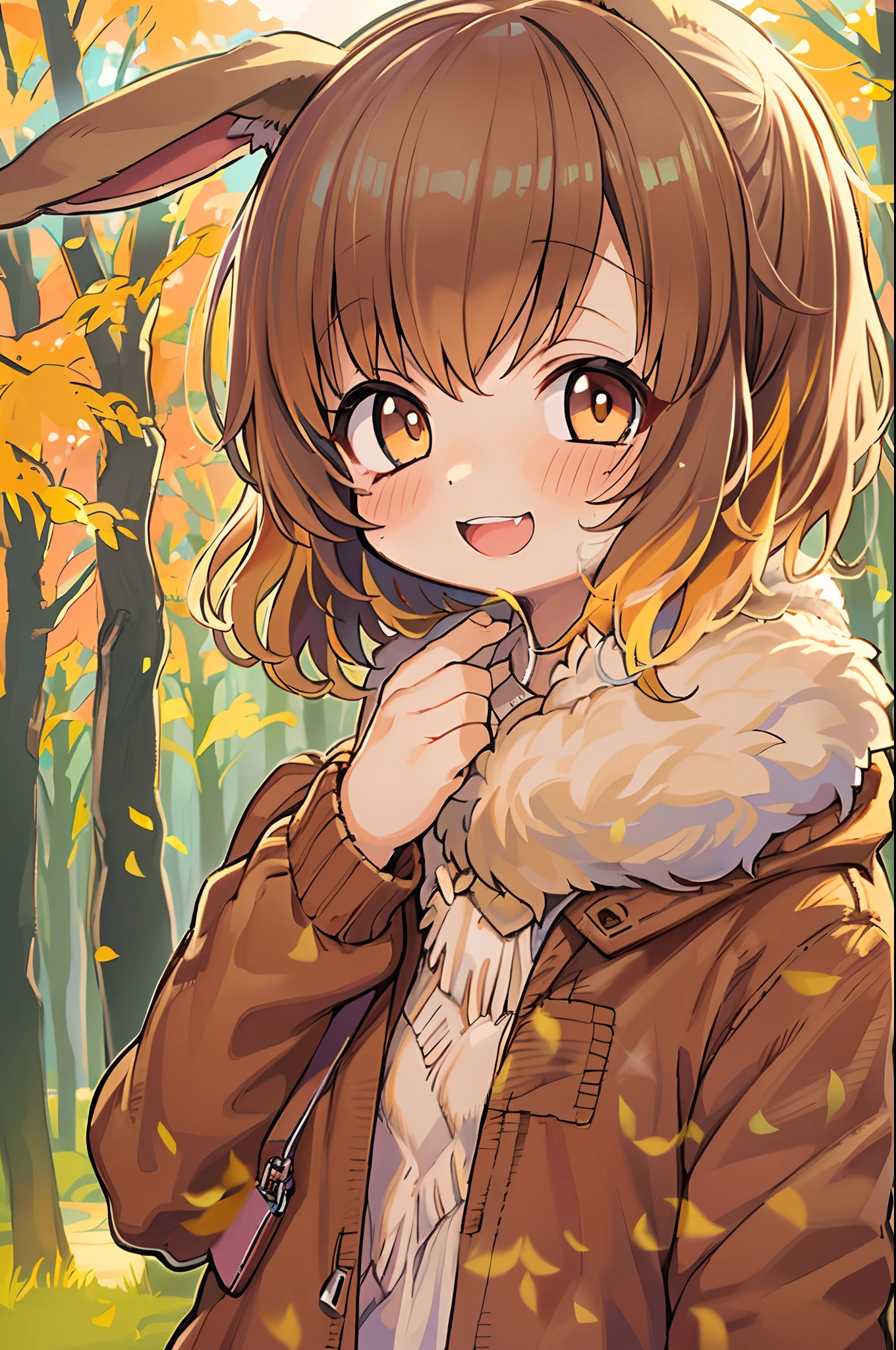 Beautiful Girl, (((((Small)))), face showing,, Short hair, brown, 8K, Professional Photography, Delicate, Clear, In the autumn forest, Sun, light  leaks, masutepiece, (Beautiful)))), Chibi, Smile, Fantastic, Rabbit ears, 年轻