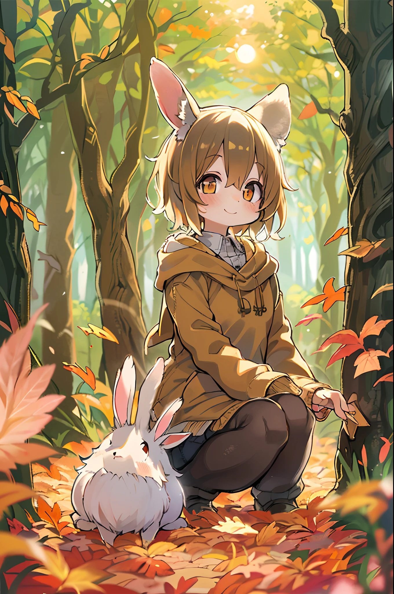 Beautiful Girl, (((((Small)))), face showing,, Short hair, brown, 8K, Professional Photography, Delicate, Clear, In the autumn forest, Sun, light leaks, masutepiece, (Beautiful)))), Chibi, Smile, Fantastic, Rabbit ears, 年轻