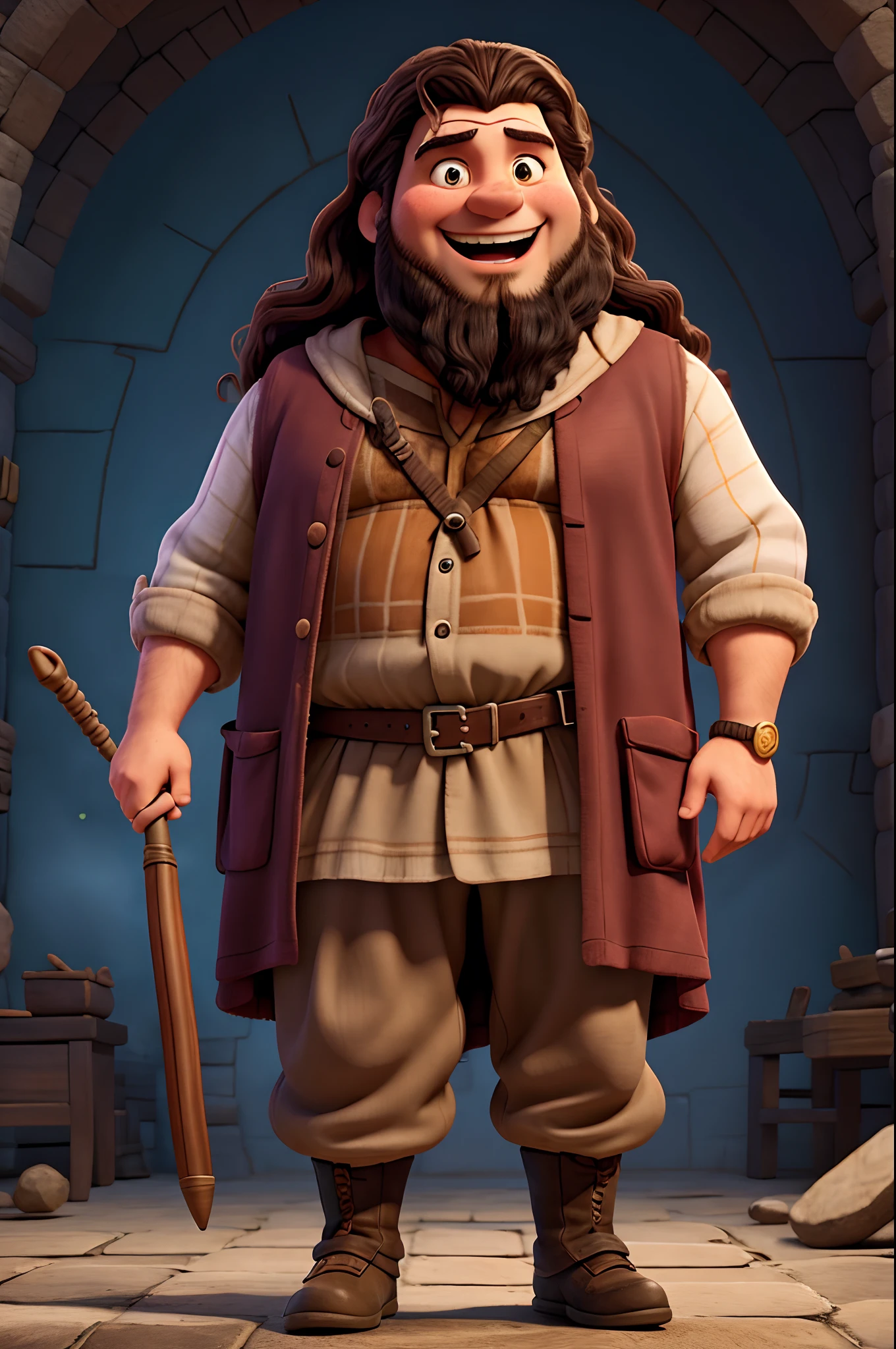 Rubeus Hagrid character, smiling, acting, action, ((happy face)), flying, magic wand, full body, partical light, nice pose body