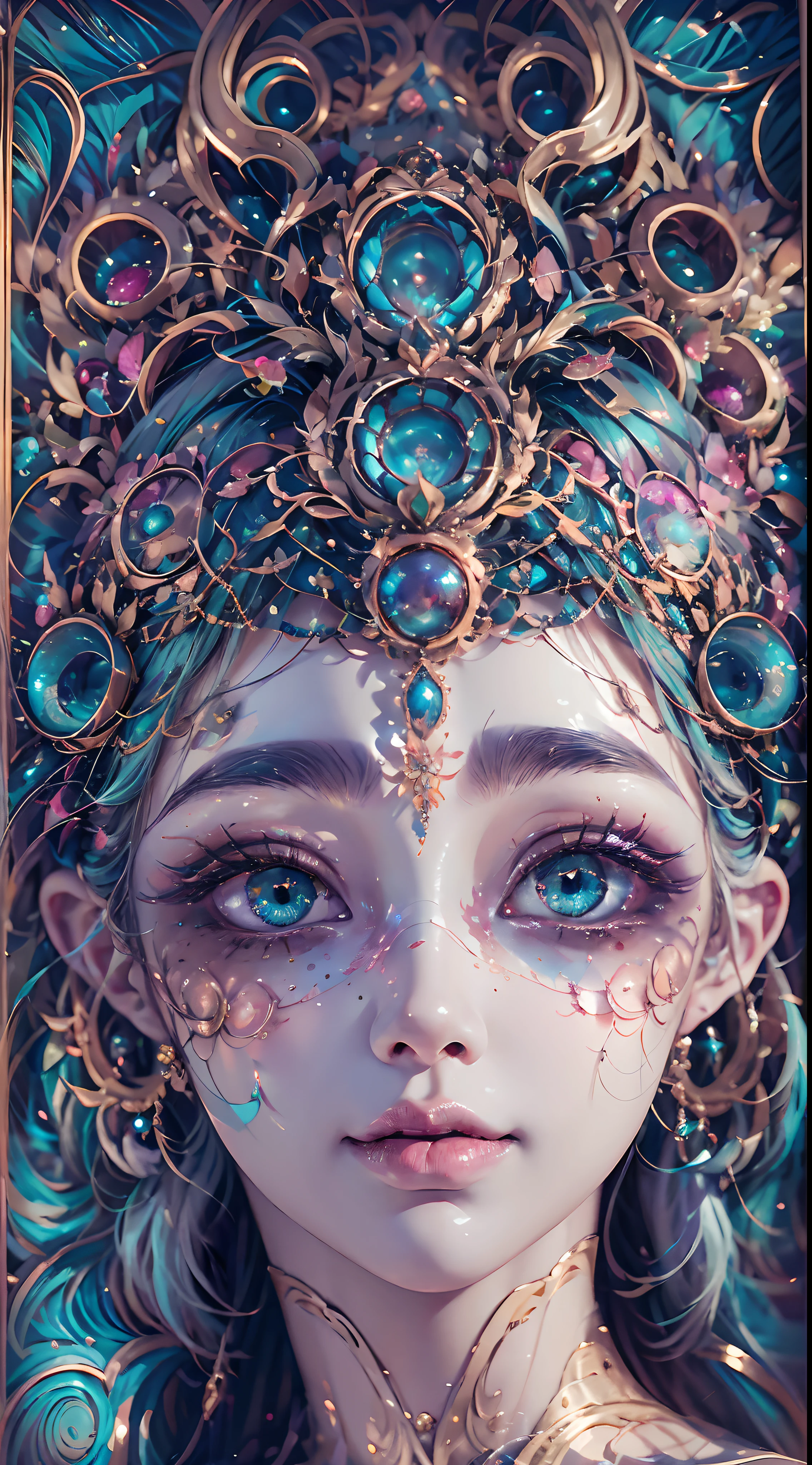 （best qualtiy，ultra - detailed，Most Best Illustration，Best shadow，tmasterpiece，A high resolution，professionalartwork，famousartwork），Sky blue picture style，Detailed eyes，beautidful eyes，closeup cleavage，sci-fy，colored sclera，Robot eyes，face markings，Tattooed with，（fractalized，Fractal eyes），largeeyes，Wide eyes，（Eye focus），sface focus，Cosmic eyes，Space eyes，Close-up of metal sculpture of a woman with a moon in her hair，goddes。extremly high detail，3 d goddess portrait，Extremely detailed footage of the goddess，a stunning portrait of a goddess，Full body close-up portrait of the goddess，hecate goddess，portrait of a norse moon goddess，goddess of space and time，PureErosFace_V1，Urzang-6500-V1 version.1，