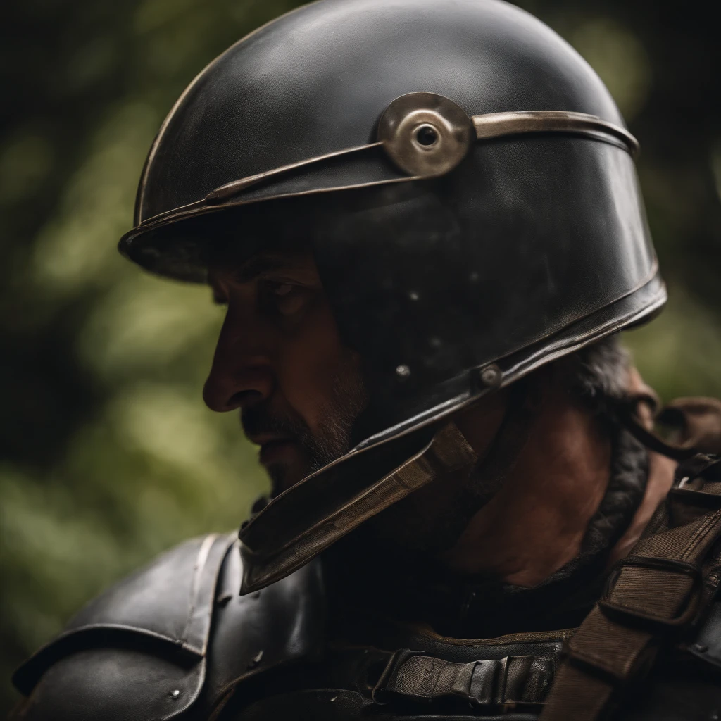Homem de 45 anos, capacete de ferro, with room for the face, man with experience, rosto assustador