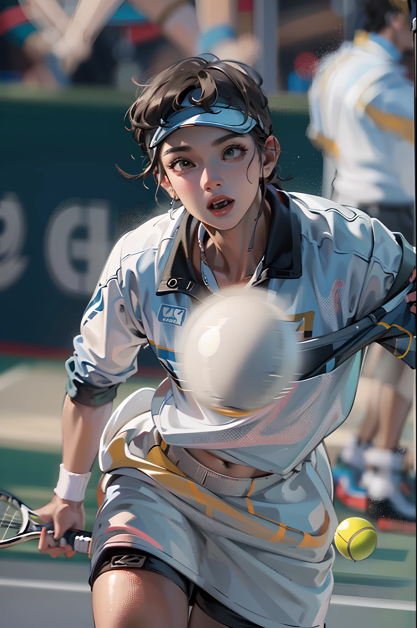 35mm camera lens，cool guy，athlete，tennis ball，tennis racket，detailedbackground，Asian Games，True skin texture，Smudge，Accurate facial features，dynamic blur，super-fine，ultra - detailed，high qulity，8K ，oc rendered，dynamic viewing angle，Hyper Real，Ultra photo realsisim