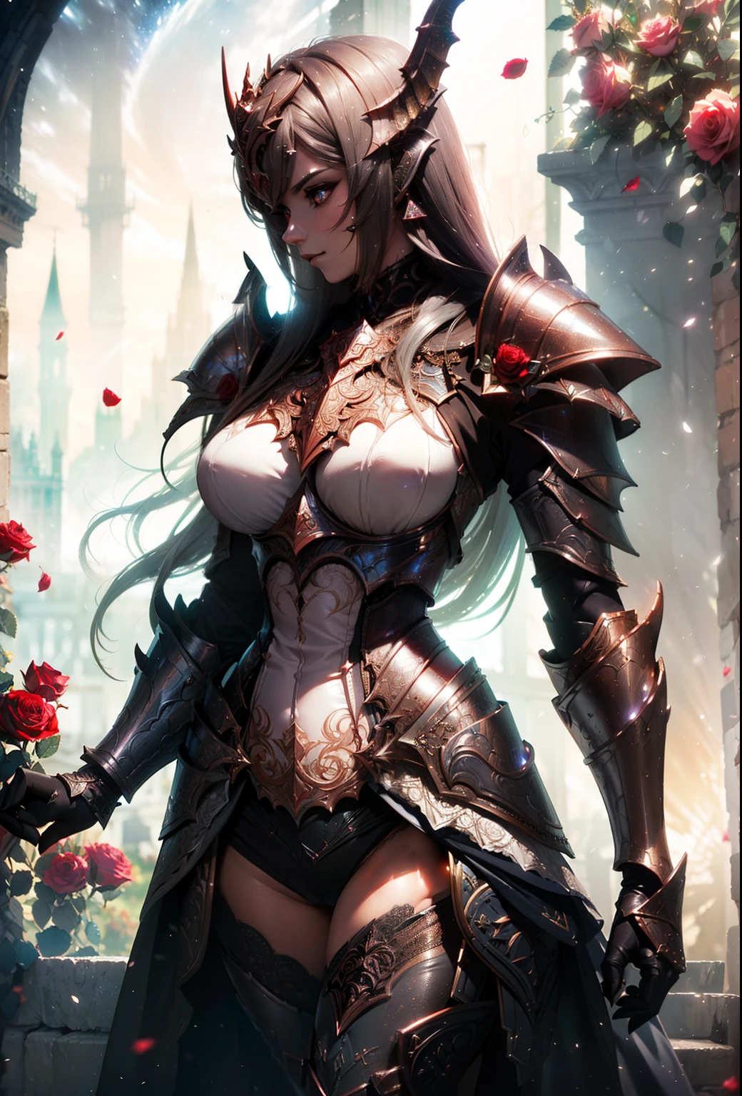 realistic and intricate perfect beauty detailed face, detailed sharp galaxy glowing eyes, (((from face to the waist:1. 2))), (((thin beauty shape))) ((in hyper detailed & complex dragoon rose knight armor)), masterpiece, 4k, UHD