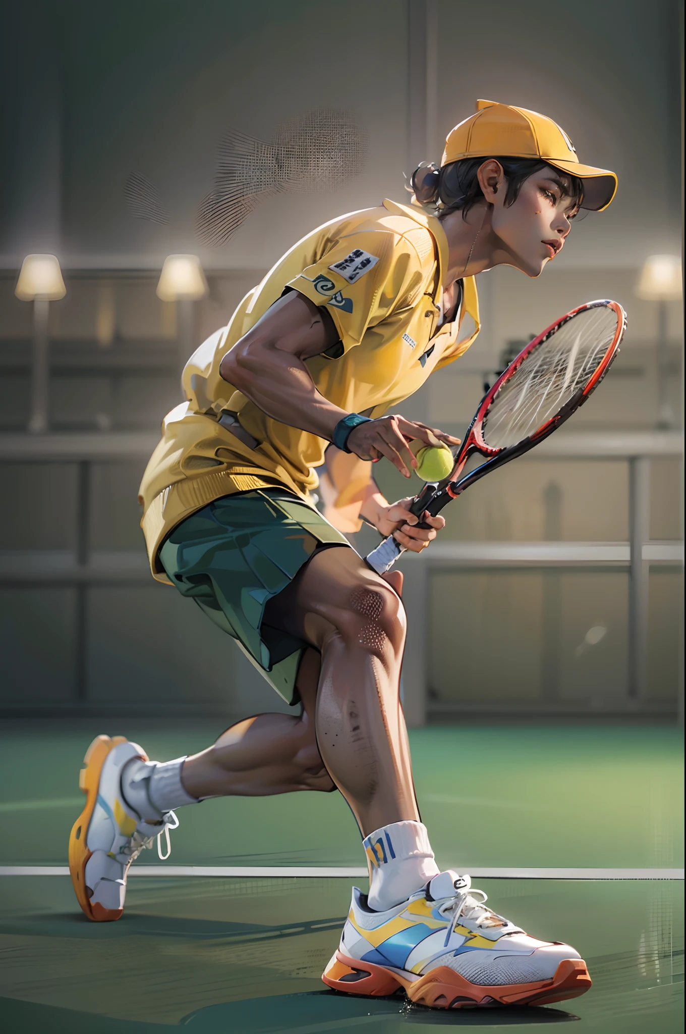 35mm camera lens，cool guy，athlete，tennis ball，tennis racket，detailedbackground，Asian Games，True skin texture，Smudge，Accurate facial features，dynamic blur，super-fine，ultra - detailed，high qulity，8K ，oc rendered，dynamic viewing angle，Hyper Real，Ultra photo realsisim