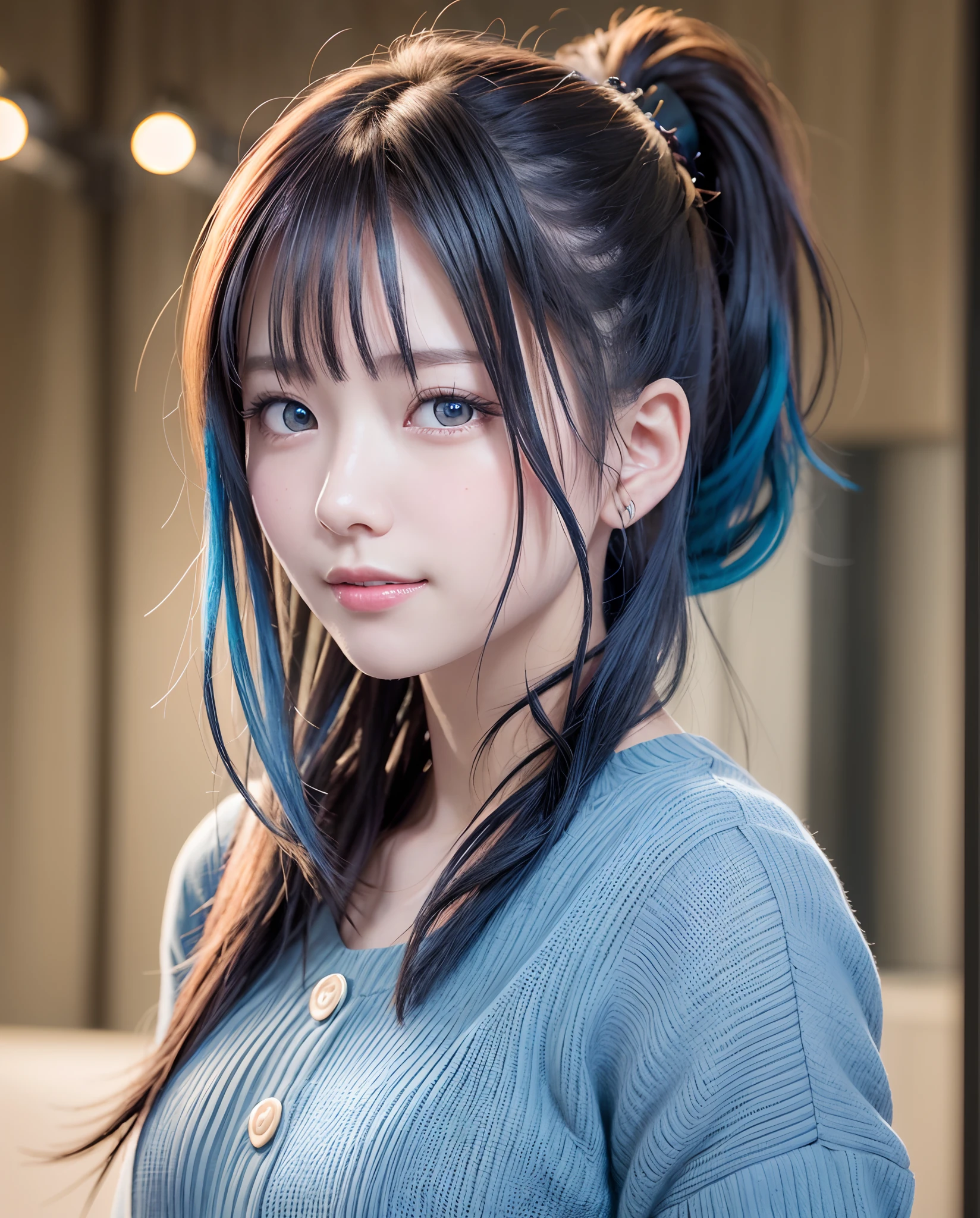 (masutepiece), (Best Quality), (ultra-detailliert),(disheveled hair),(Illustration), (1girl in), Standing, Smiling, Beautiful detailed eyes, Light blue eyes, Detailed beautiful face, (kamisato ayaka: 1.2), Focus on Face, Ponytail, kamisato ayaka(GenshinImpact), Light blue hair, detailed hairs, Bangs, The best lighting, Best Shadow, Highly detailed, Vibrant