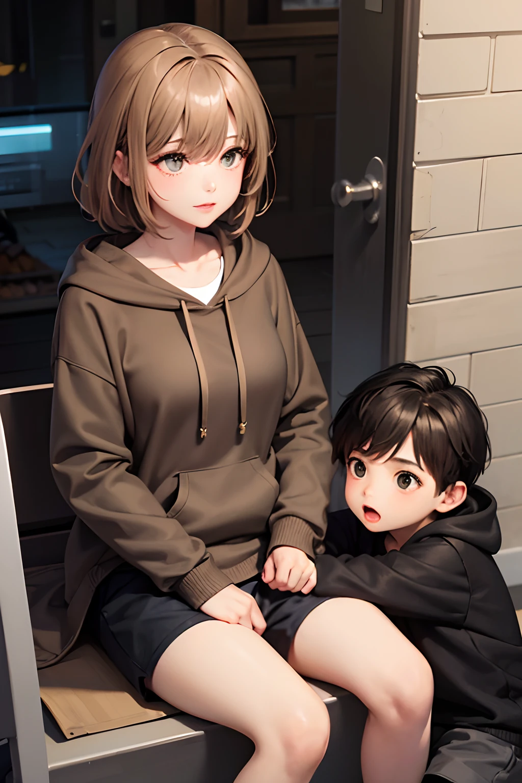 mom dressed in a light brown skirt and a black hoodie. while her son sits on her lap, streets, sitting on lap, shorts, 1child, 1boy, 1mom