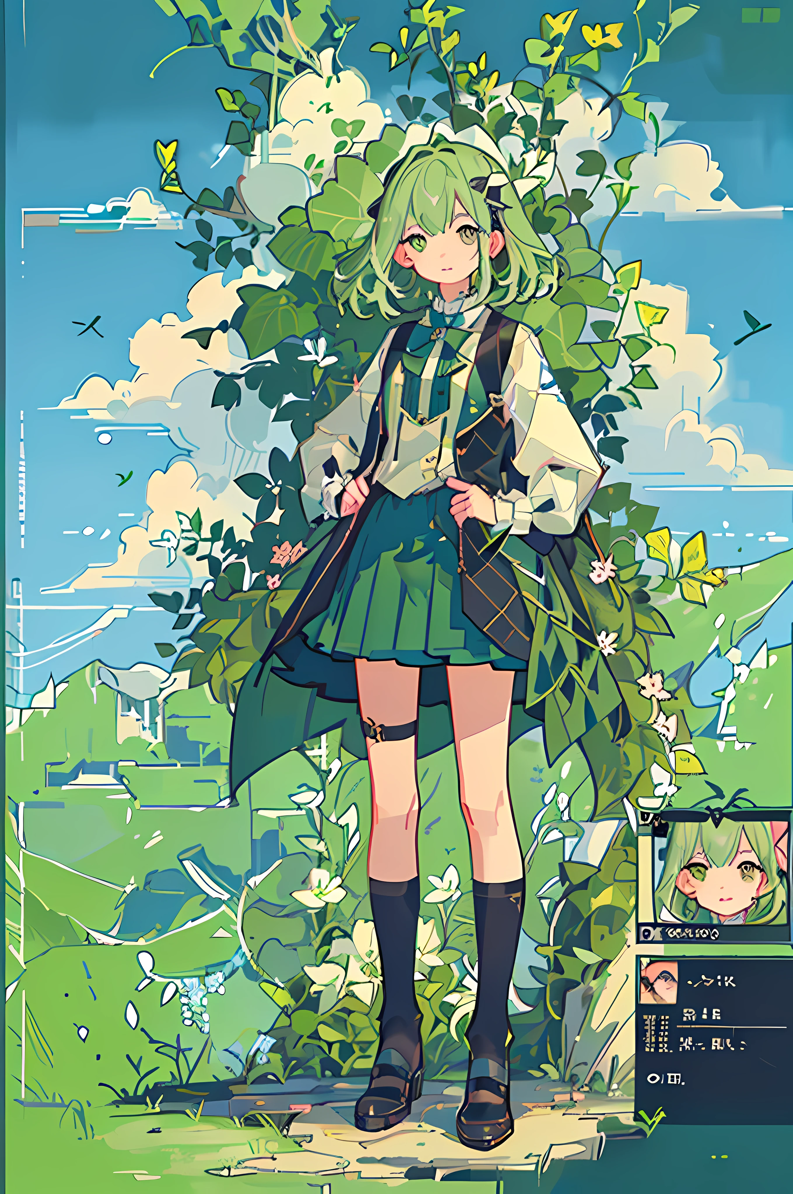 (Best quality, 4K, 8K, high-resolution, masterpiece: 1.2), ultra detailed, realistic medium: 1.37, cute girl, delicate facial features, delicate eyes, pink lips, brown eyes, green hair, blue vest, mini skirt, (girl standing on stairs: 1.3), road, small house, modern architecture, cartoon style, retro anime, game concept maps, character illustrations, shooting, realistic lighting, blue sky, white clouds, Green plants, ivy, crawler factory, a rose, petals, high-definition details, girl high-definition, vibrant colors, rich elements, exquisite art, 8K
