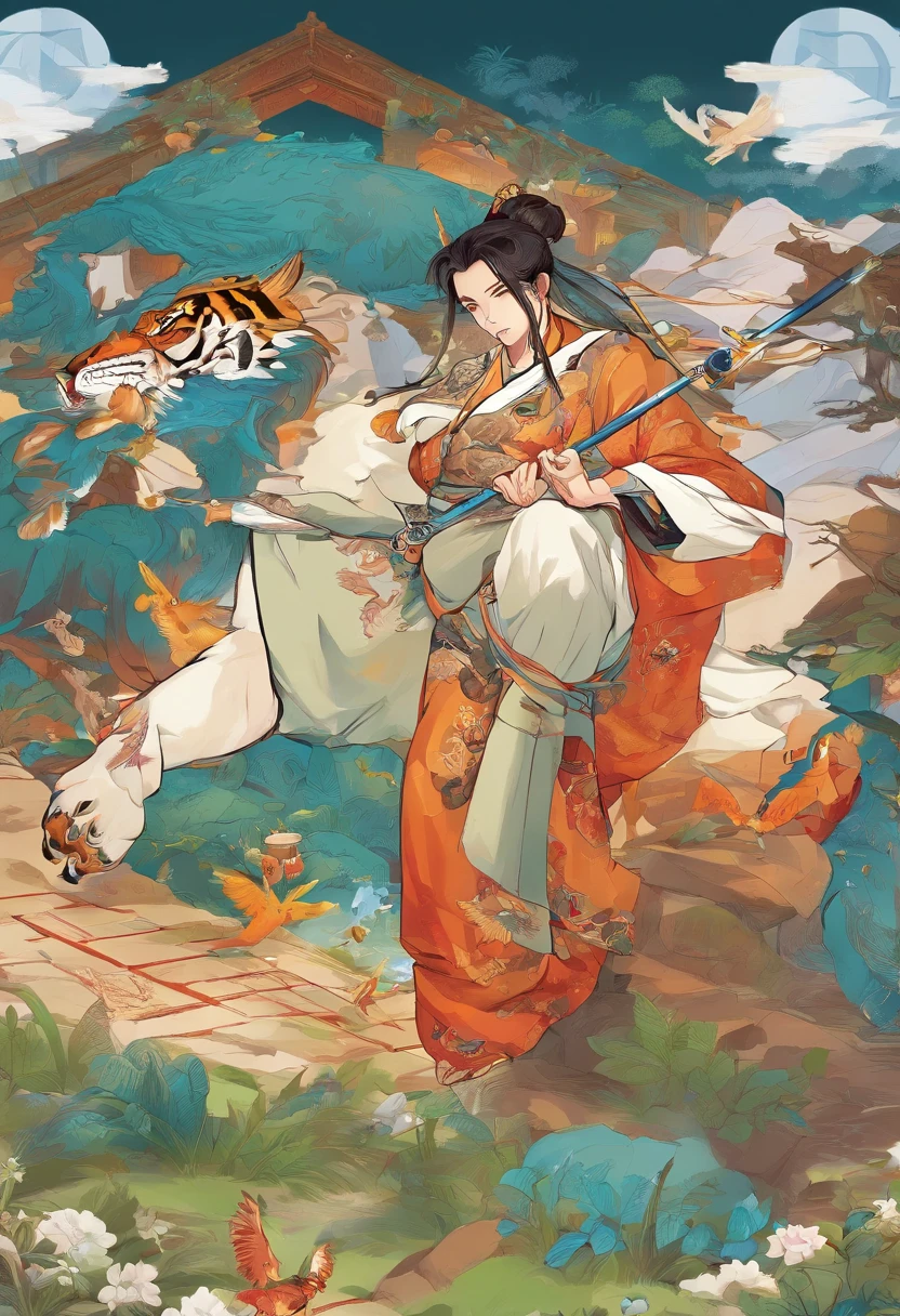 Need,tmasterpiece,It's beautiful,Hanfu,Scholar,folding fan,Sword Qi,Shadow of the dragon,Shadow of the phoenix,A tiger on the left,A lion on the right。