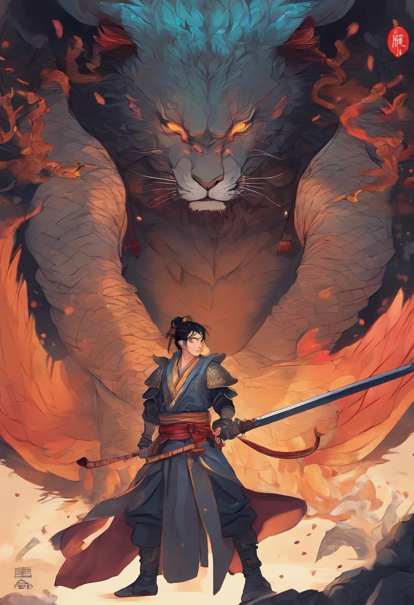 Need，tmasterpiece，It's beautiful，Hanfu，Scholar，folding fan，Sword Qi，Shadow of the dragon，Shadow of the phoenix，A tiger on the left，A lion on the right。