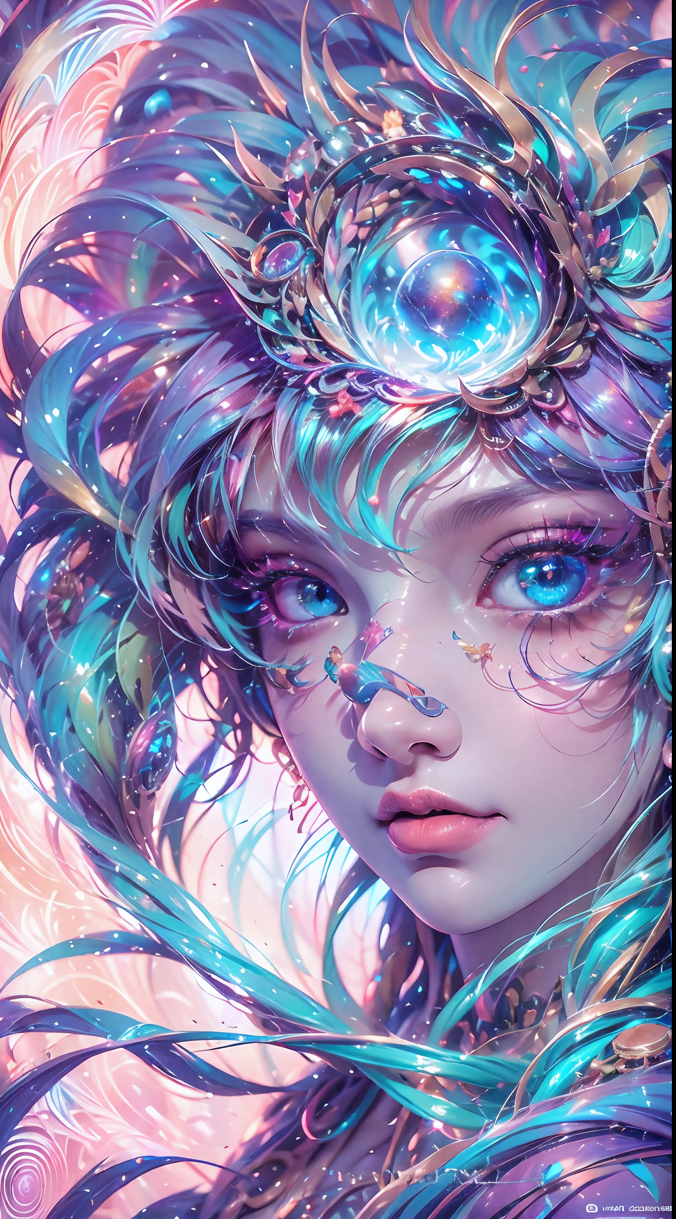 (best qualtiy,ultra - detailed,Most Best Illustration,Best shadow,tmasterpiece,A high resolution,professionalartwork,famousartwork),Sky blue picture style,Detailed eyes,beautidful eyes,closeup cleavage,sci-fy,colored sclera,Robot eyes,face markings,Tattooed with,(fractalized,Fractal eyes),largeeyes,Wide eyes,(Eye focus),sface focus,Cosmic eyes,Space eyes,Close-up of metal sculpture of a woman with a moon in her hair,goddes。extremly high detail,3 d goddess portrait,Extremely detailed footage of the goddess,a stunning portrait of a goddess,Full body close-up portrait of the goddess,hecate goddess,portrait of a norse moon goddess,goddess of space and time,PureErosFace_V1,Urzang-6500-V1 version.1,