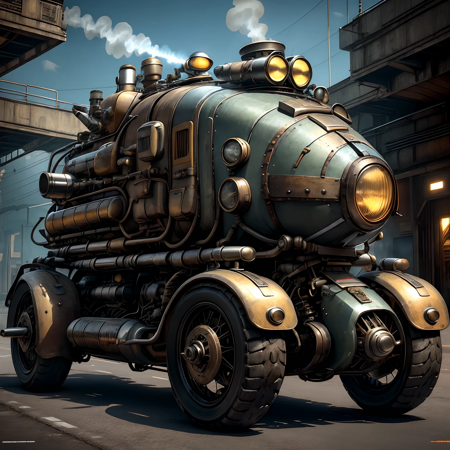 Model DreamShaper ,Dieselpunk REDONE , Yellow two-wheeled motorcycle with an armored body , with steam engine , standing on the road , Its wheels are visible , Front light