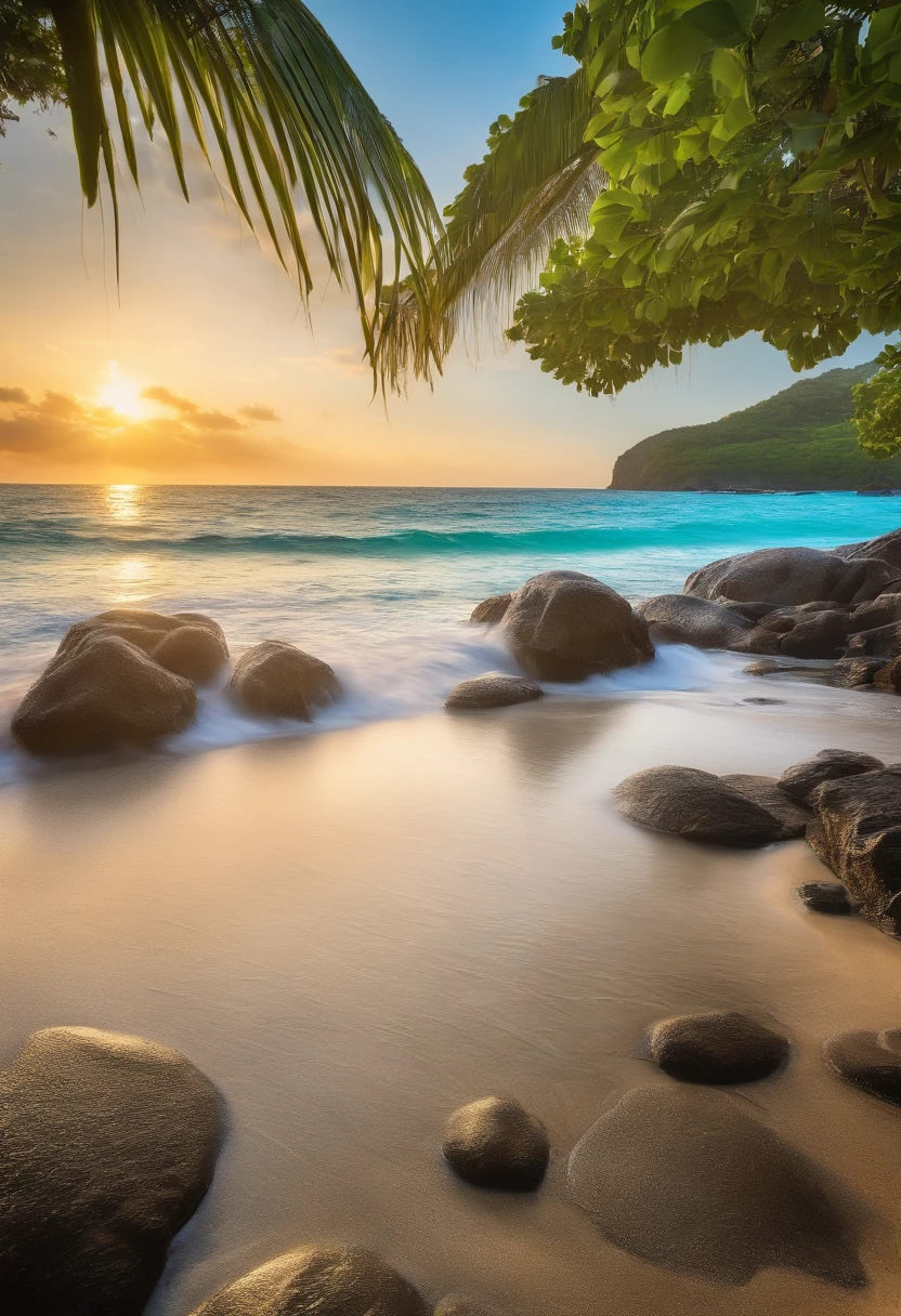 (best quality,4k,8k,highres,masterpiece:1.2),ultra-detailed,(realistic,photorealistic,photo-realistic:1.37),beautiful detailed beaches,crystal-clear turquoise waters,panoramic view of the coastline,dazzling white sandy beaches,lush greenery,pristine natural beauty,dramatic cliff formations,exotic marine life,gentle ocean breeze,lovely tropical paradise,[Fernando de Noronha],colorful underwater coral reefs,natural swimming pools with transparent water,tropical fish swimming in harmony,sun-kissed skin of beachgoers,enchanting sunsets over the horizon,spectacular aerial view of the islands,silhouettes of palm trees against the backdrop of the setting sun,dreamy island life,aerial perspective of the vibrant coastline,surfers riding the waves,glistening waves crashing onto the shore,rejuvenating beach vacations,tranquil atmosphere of serenity,serene islands immersed in nature,[Brazilian paradise],breathtaking landscapes blending with the ocean,striking contrast between the blue sky and sea,secluded beaches away from the bustling crowds,colorful umbrellas providing shade,beach volleyball players engaged in a lively game,smell of sunscreen and salt in the air,paradise for nature lovers and photographers,remote islands waiting to be explored,seagulls gliding through the sky,floating sensations in the warm ocean,unforgettable memories created by the sea.