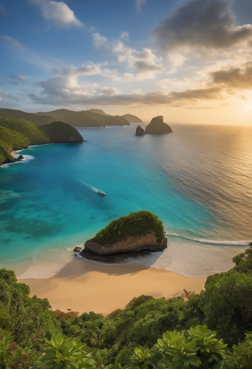 (best quality,4k,8k,highres,masterpiece:1.2),ultra-detailed,(realistic,photorealistic,photo-realistic:1.37),beautiful detailed beaches,crystal-clear turquoise waters,panoramic view of the coastline,dazzling white sandy beaches,lush greenery,pristine natural beauty,dramatic cliff formations,exotic marine life,gentle ocean breeze,lovely tropical paradise,[Fernando de Noronha],colorful underwater coral reefs,natural swimming pools with transparent water,tropical fish swimming in harmony,sun-kissed skin of beachgoers,enchanting sunsets over the horizon,spectacular aerial view of the islands,silhouettes of palm trees against the backdrop of the setting sun,dreamy island life,aerial perspective of the vibrant coastline,surfers riding the waves,glistening waves crashing onto the shore,rejuvenating beach vacations,tranquil atmosphere of serenity,serene islands immersed in nature,[Brazilian paradise],breathtaking landscapes blending with the ocean,striking contrast between the blue sky and sea,secluded beaches away from the bustling crowds,colorful umbrellas providing shade,beach volleyball players engaged in a lively game,smell of sunscreen and salt in the air,paradise for nature lovers and photographers,remote islands waiting to be explored,seagulls gliding through the sky,floating sensations in the warm ocean,unforgettable memories created by the sea.