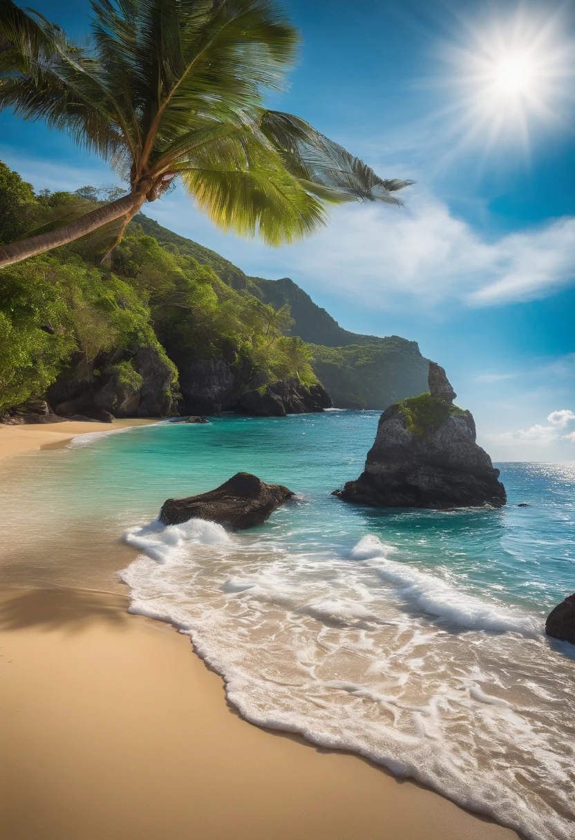 (best quality,4k,8k,highres,masterpiece:1.2),ultra-detailed,(realistic,photorealistic,photo-realistic:1.37),beautiful detailed beaches,crystal-clear turquoise waters,panoramic view of the coastline,dazzling white sandy beaches,lush greenery,pristine natural beauty,dramatic cliff formations,exotic marine life,gentle ocean breeze,lovely tropical paradise,[Fernando de Noronha],colorful underwater coral reefs,natural swimming pools with transparent water,tropical fish swimming in harmony,sun-kissed skin of beachgoers,enchanting sunsets over the horizon,spectacular aerial view of the islands,silhouettes of palm trees against the backdrop of the setting sun,dreamy island life,aerial perspective of the vibrant coastline,surfers riding the waves,glistening waves crashing onto the shore,rejuvenating beach vacations,tranquil atmosphere of serenity,serene islands immersed in nature,[Brazilian paradise],breathtaking landscapes blending with the ocean,striking contrast between the blue sky and sea,secluded beaches away from the bustling crowds,colorful umbrellas providing shade,beach volleyball players engaged in a lively game,smell of sunscreen and salt in the air,paradise for nature lovers and photographers,remote islands waiting to be explored,seagulls gliding through the sky,floating sensations in the warm ocean,unforgettable memories created by the sea.