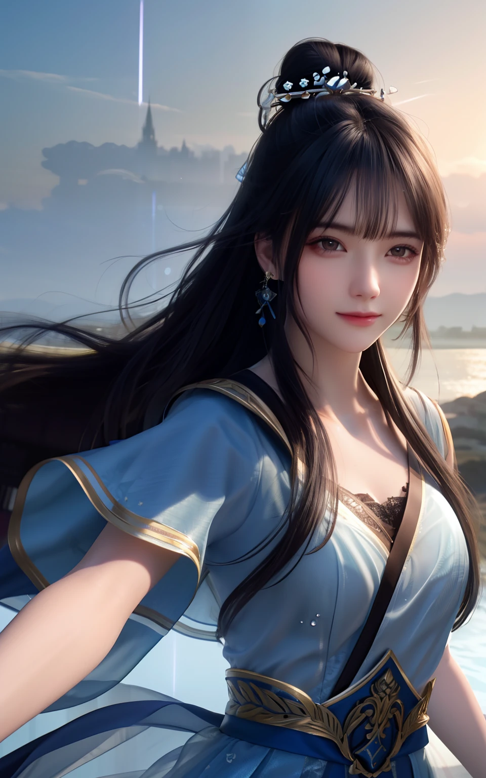 best quality,masterpiece,highres,cg,
1girl, UHD, perfect face, weapon,sword,long hair, upon_dress,water,solo,jewelry, blue dress,earrings,hair ornament,splashing,upper body,hair bun,black hair,
lighting,candid,Photograph,high resolution,4k,8k,Bokeh, tyndall effect,