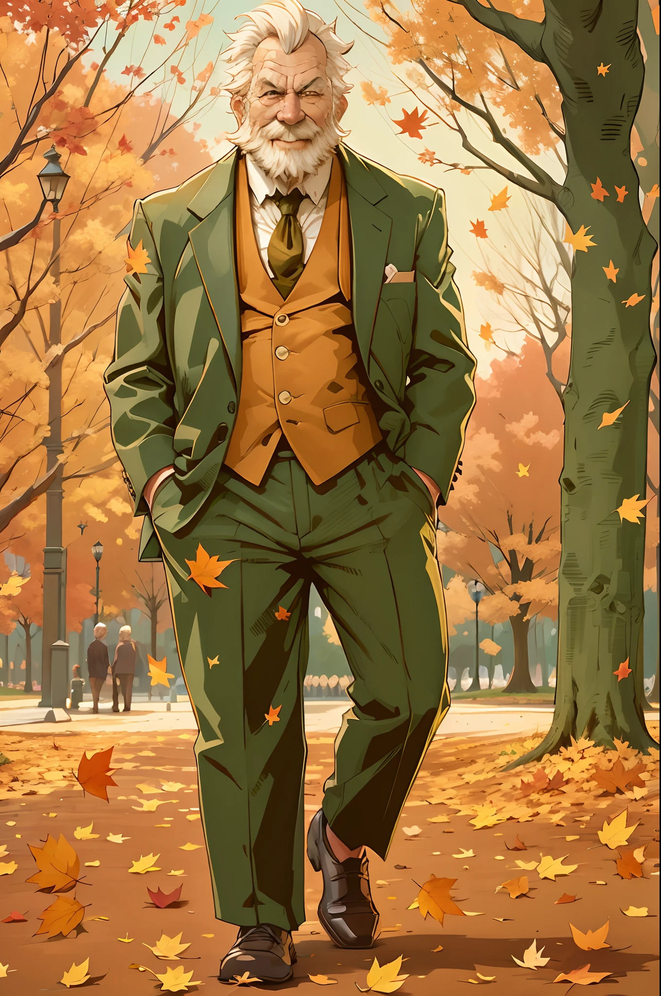 portrait, muscular old man in park, happy, autumn, suits, vector, mwvector
