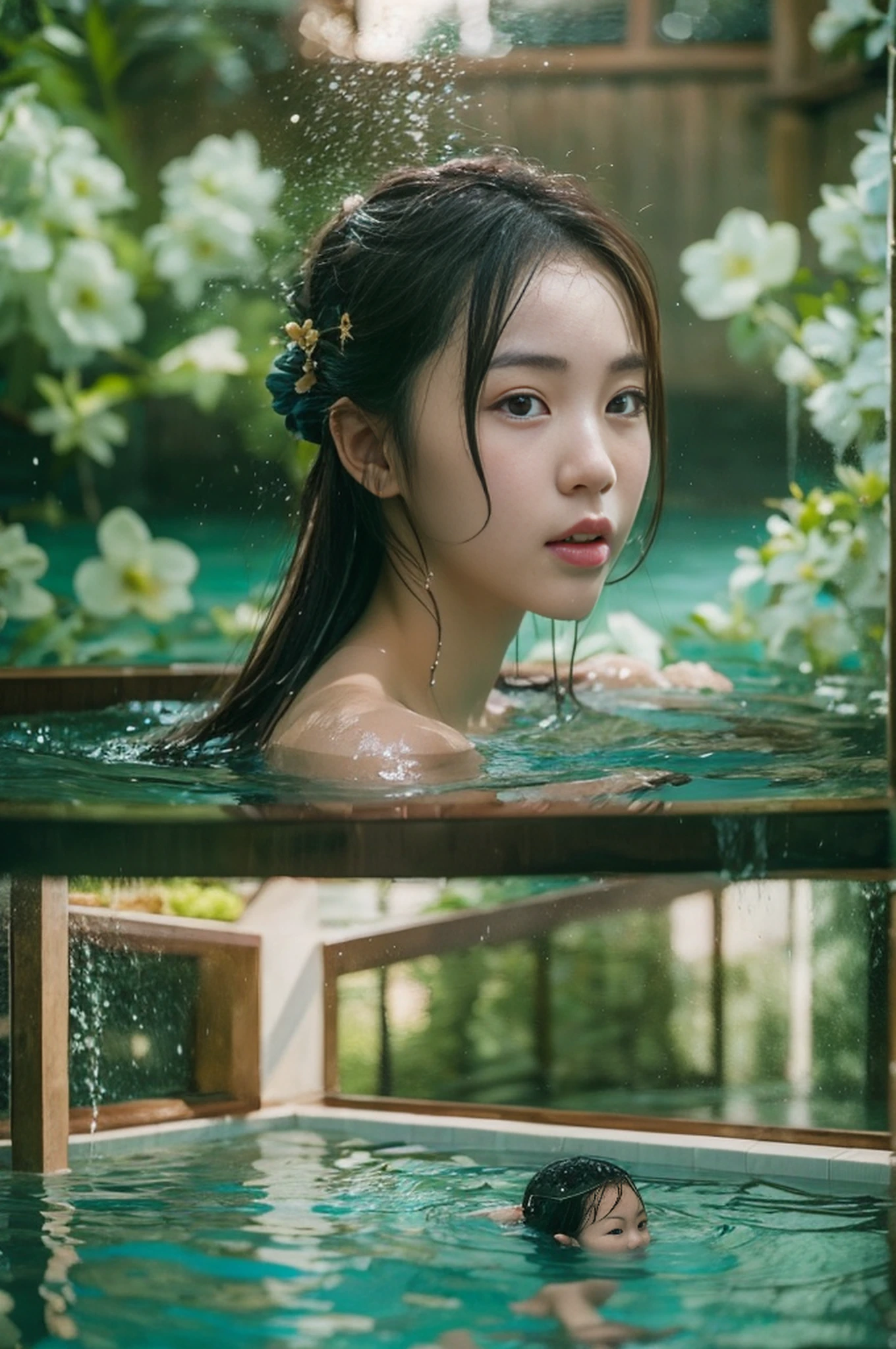 (1 Vietnamese girl), , baby face, nakedbath in the water of a luxury spa in Vietnam, Full nudity,8K photo. nsfw:1.2