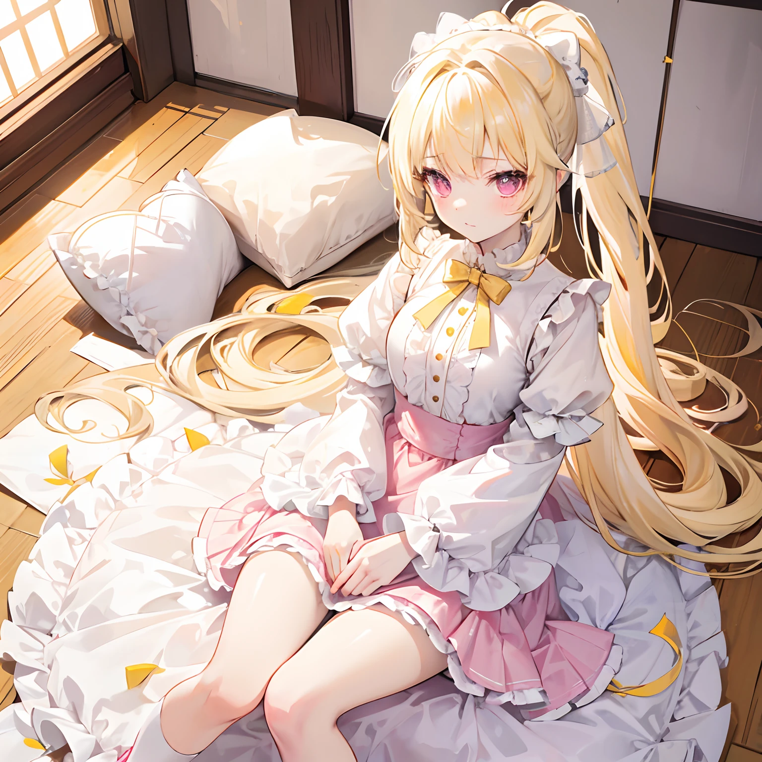 Light yellow hair,Only a ponytail is tied,Lolita clothes with pale yellow and white,Pale pink pupils,She is a sweet girl with a very soft and cute voice,It is called Yaojin Fawn