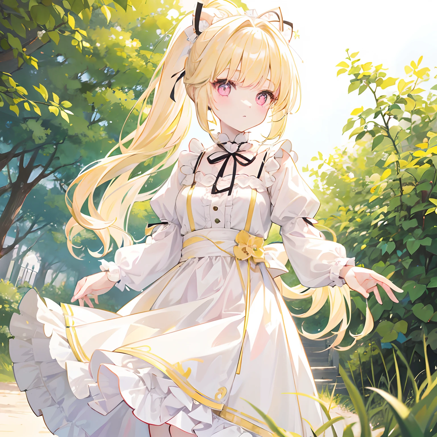 Light yellow hair，Only a ponytail is tied，Lolita clothes with pale yellow and white，Pale pink pupils，She is a sweet girl with a very soft and cute voice，It is called Yaojin Fawn