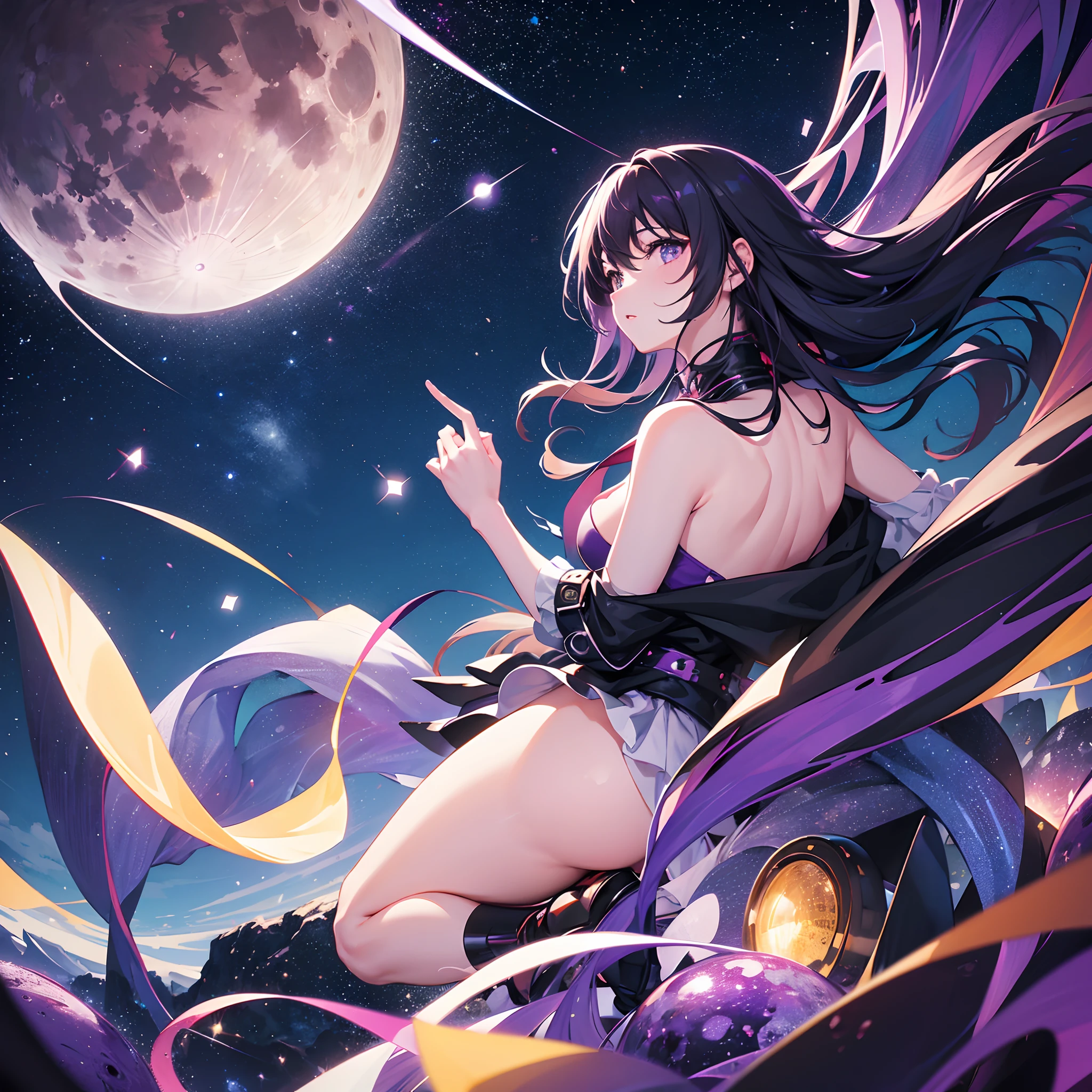 Night sky,Big Full Moon,4k,Ultra detailed,Highly Colorfull,Busy city, (1girl looking up to sky) ,(black hole with purple evenr horizon beside moon),colorfull,shooting star