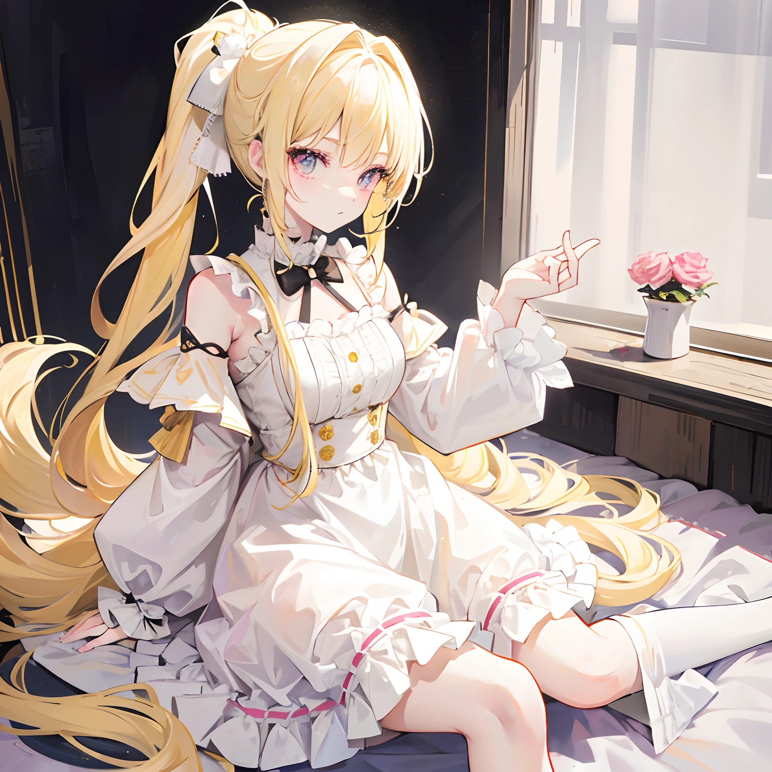 Light yellow hair，Only a ponytail is tied，Lolita clothes with pale yellow and white，Pale pink pupils，She is a sweet girl with a very soft and cute voice，It is called Yaojin Fawn
