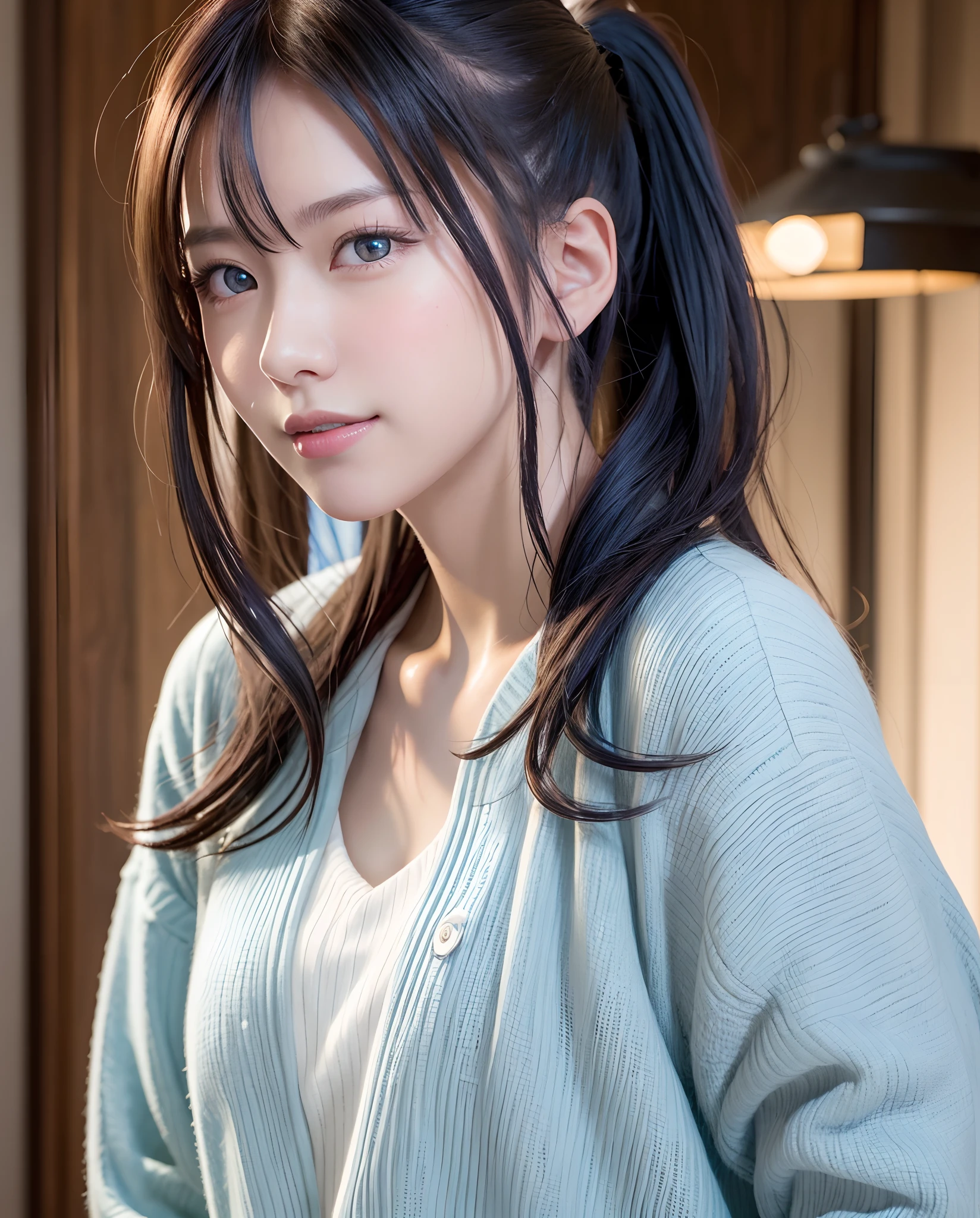 (masutepiece), (Best Quality), (ultra-detailliert),(disheveled hair),(Illustration), (1girl in), Standing, Smiling, Beautiful detailed eyes, Light blue eyes, Detailed beautiful face, (kamisato ayaka: 1.2), Focus on Face, Ponytail, kamisato ayaka(GenshinImpact), Light blue hair, detailed hairs, Bangs, The best lighting, Best Shadow, Highly detailed, Vibrant