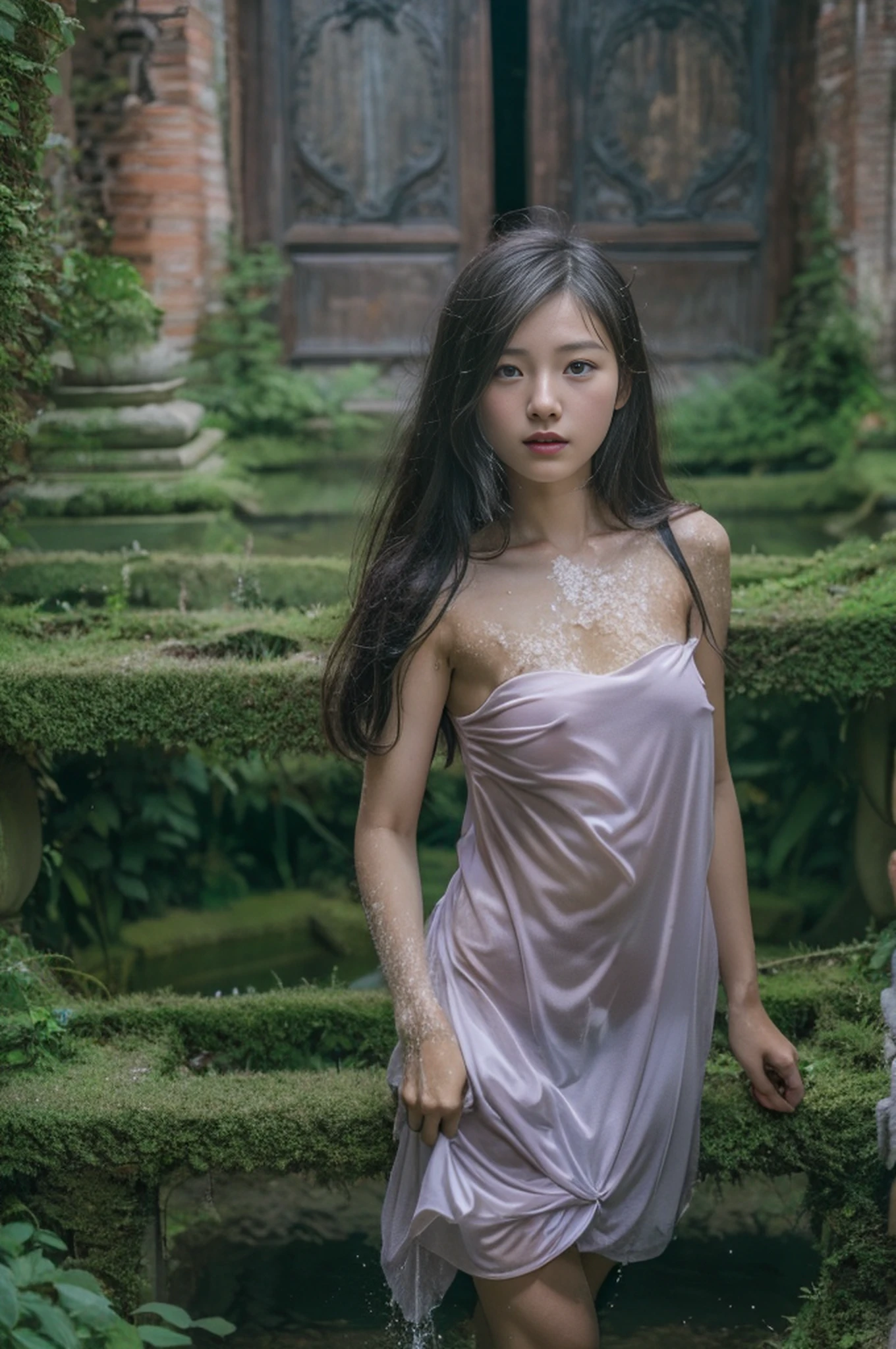 a Vietnam girl, , nudity girl, , Bathe naked outdoor in a very old and dowdy palace in the countryside . 8K photo, nsfw:1.2