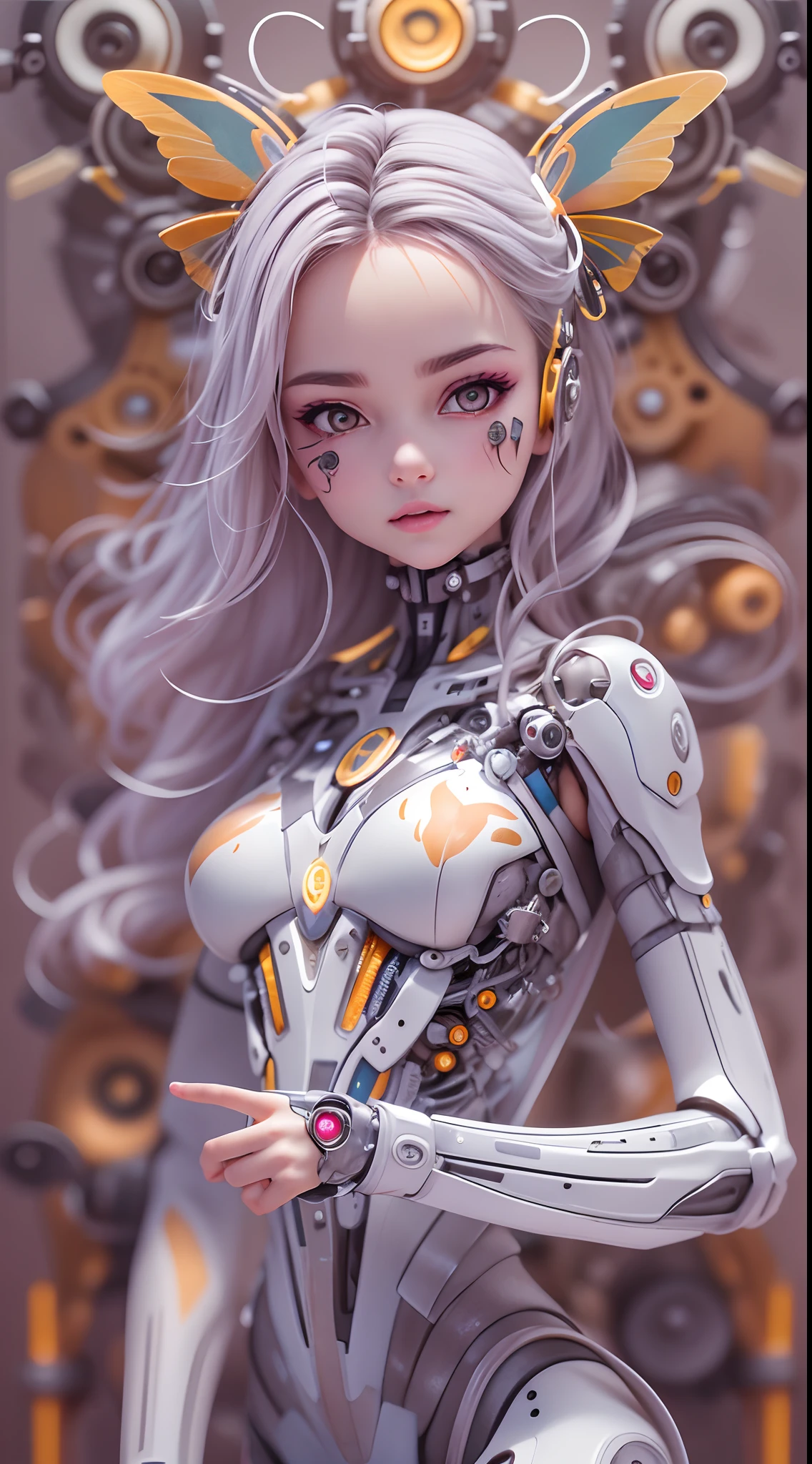 A photograph of mid-twenties Japanese female android made of shiny white and silver translucent glass and plastic, geisha makeup and hairstyle, silver metal internal body mechanisms, dynamic pose, flowing organic construction, glowing golden circuitry, colorful neon trim, glowing circuitry, neon trim, depth of field focus f/2.8, art by H.R. Giger, Greg Rutowski