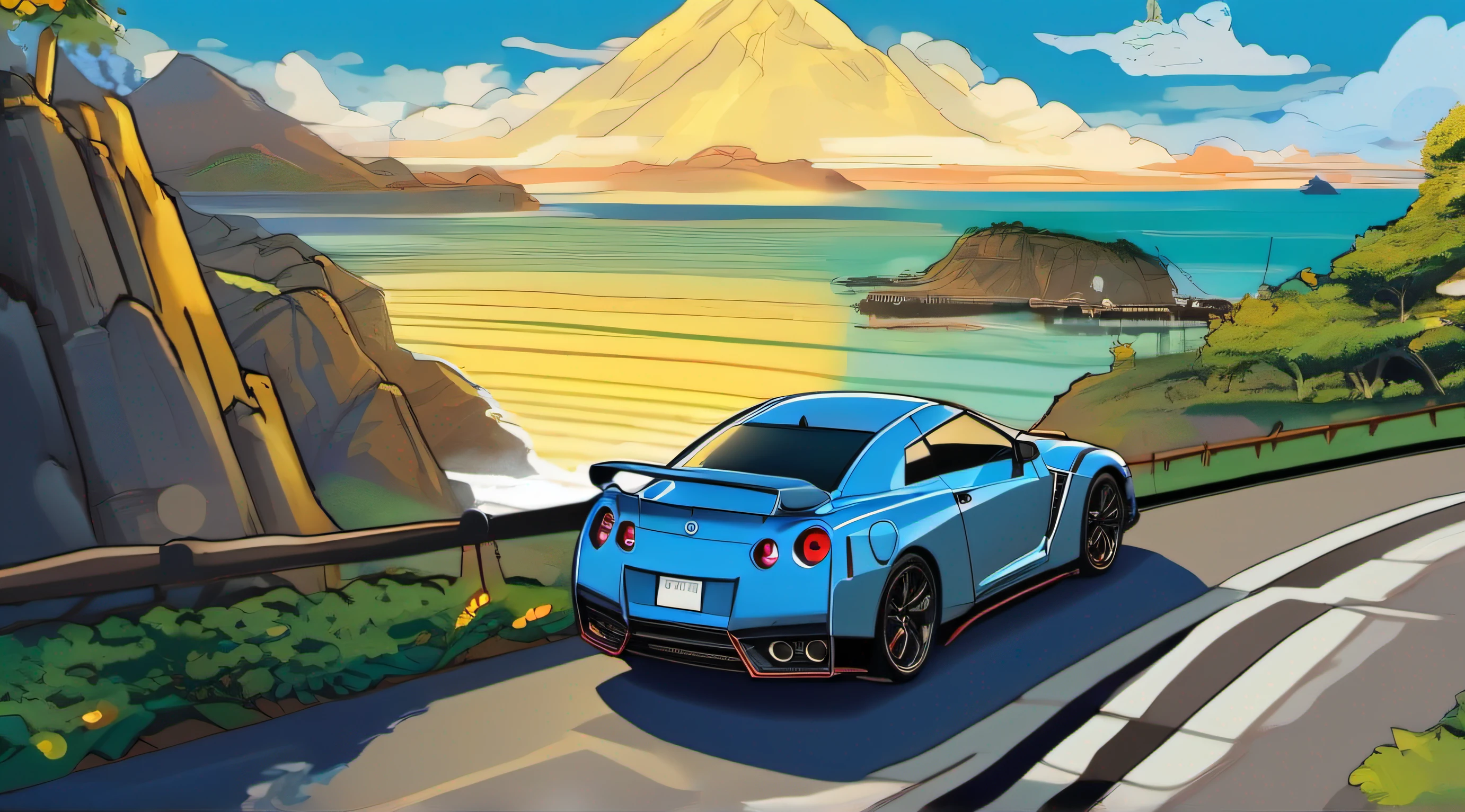 A Nissan GT-R drives on a seaside road,In the distance are mountain peaks,Below is the sea,rays of sunshine,suns,baiyun,blue-sky