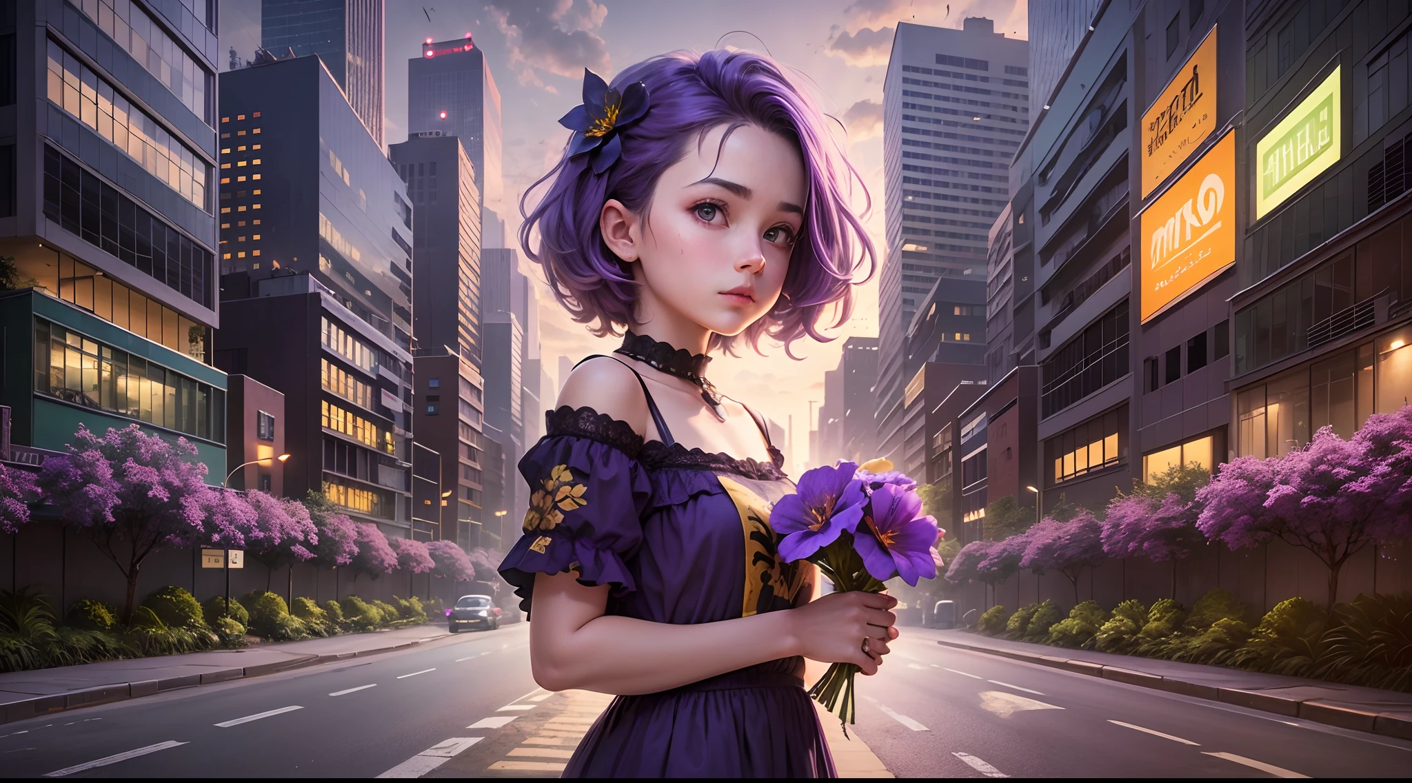 A metropolis that is lively at night,There is a conspicuous purple hibiscus flower on the side of the road,A young girl with purple hair stands in the middle of the road,Holding a purple hibiscus flower in his hand