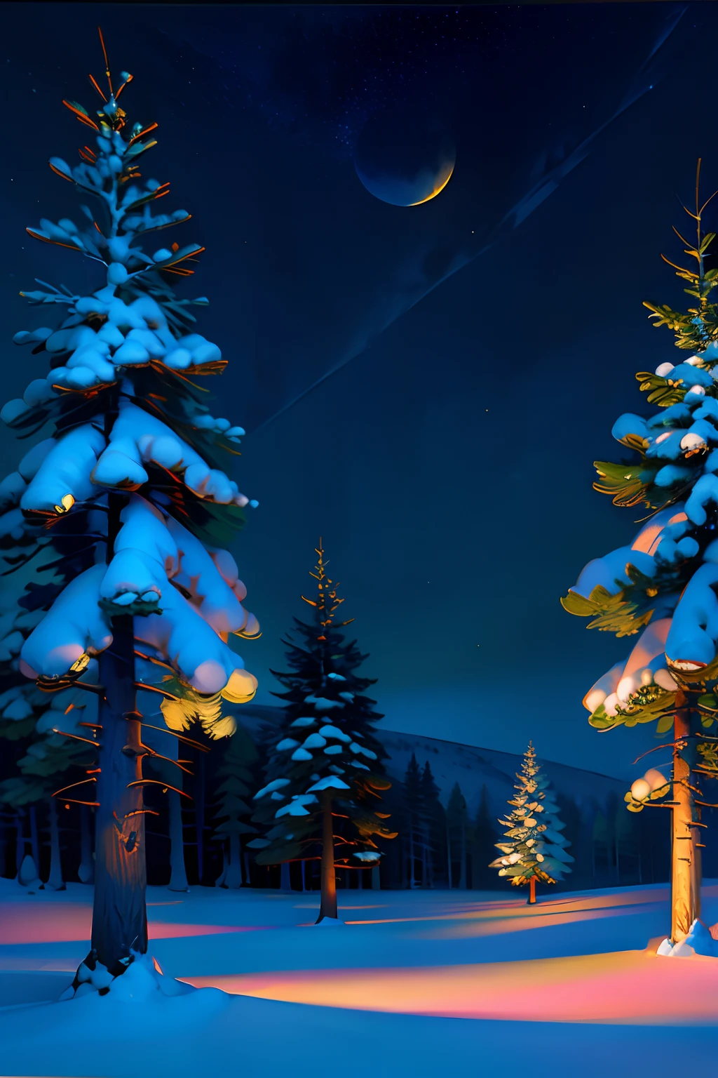 A painting of a winter landscape, pine trees, snow on ground, a funeral wreath, bats flying, eerie night time light, dark sky with stars.