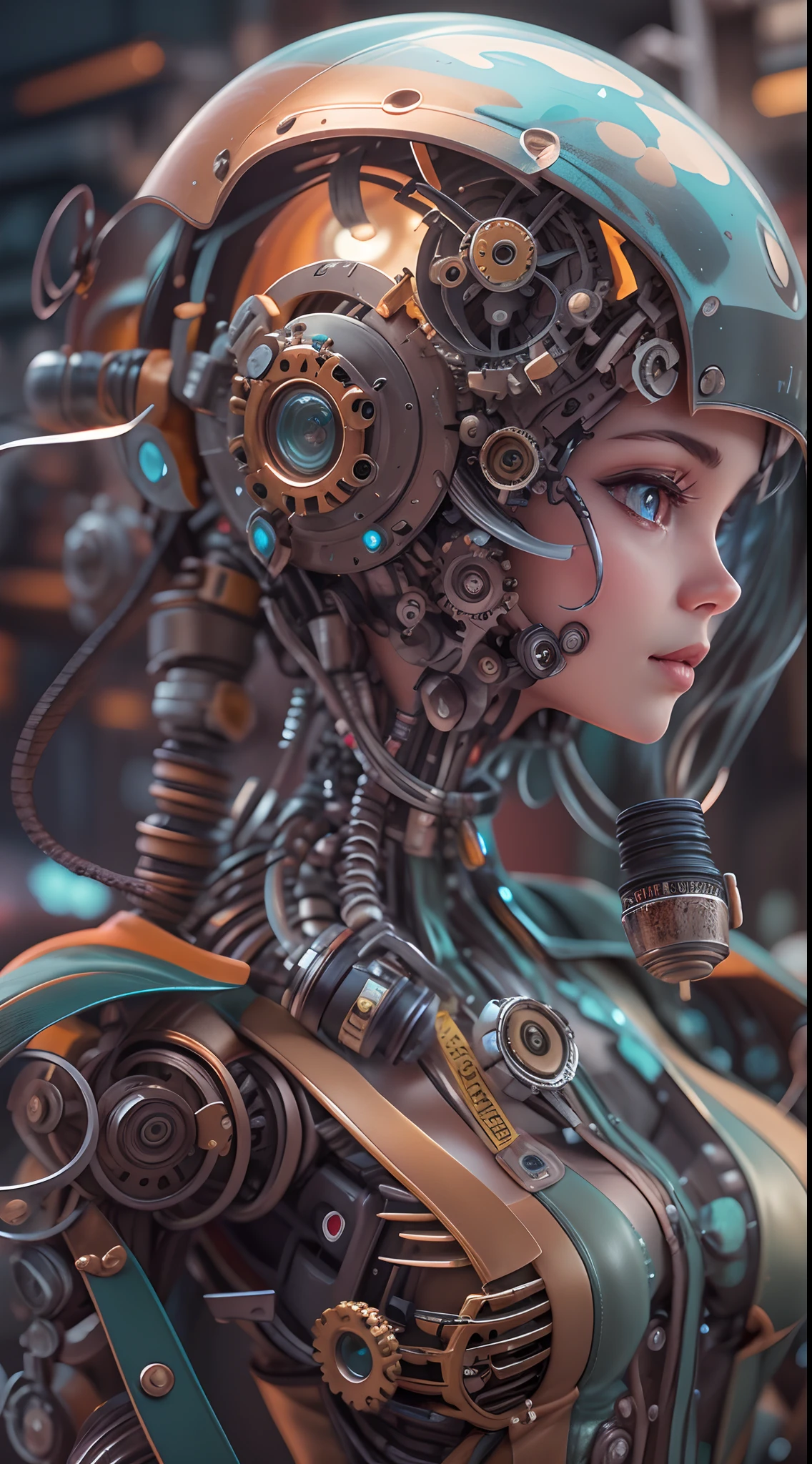 Topic prompts "Atomic heart, Mechanical girl" as follows: Atomic heart,Mechanical girl,Meticulous robot eyes,Detailed metal lip,Extremely detailed facial features of the robot,Shiny metal skin,Mechanical body parts,Mechanical gears and gears,Magical glowing heart,Cyberpunk style background,Science fiction art style,Vibrant colors,High-res,Ultra-detailed,Realistic lighting effects,Bokeh.