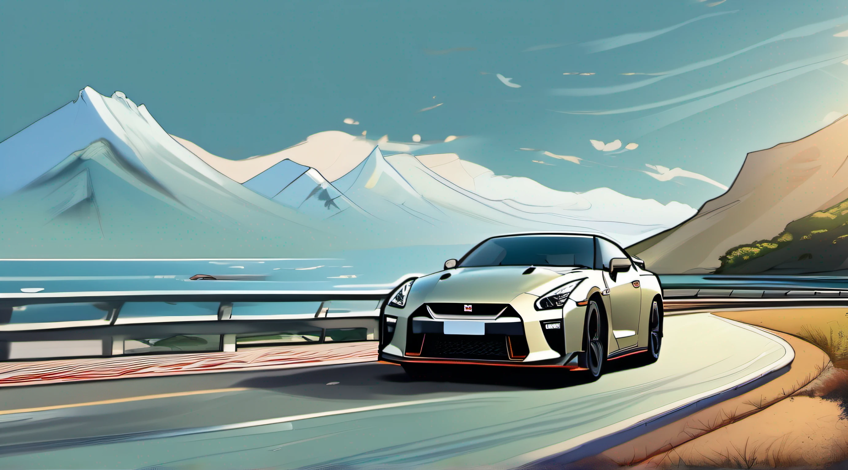 A Nissan GT-R drives on a seaside road,In the distance are mountain peaks,Below is the sea,rays of sunshine,suns,baiyun,blue-sky