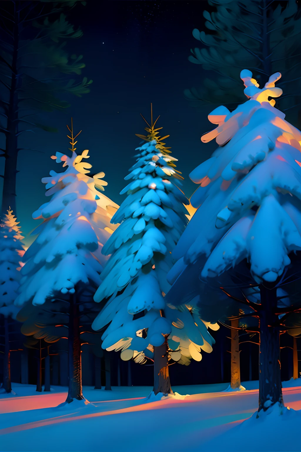 A painting of a winter landscape, pine trees, snow on ground, a funeral wreath, bats flying, eerie night time light, dark sky with stars.