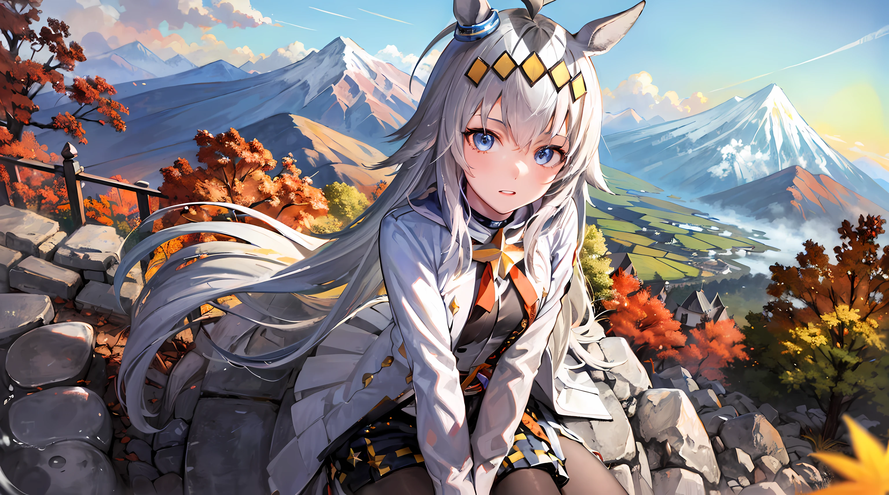 Best Quality, Ultra high definition, The highest resolution, Very detailed, Highly detailed face, 1girl in, oguri cap \(Umamusume\) , Full body, From  above, looking up viewer, Sitting, Salar Clothing, Dark blue skirt, Mountain road in autumn, (Igaguri:1.3)