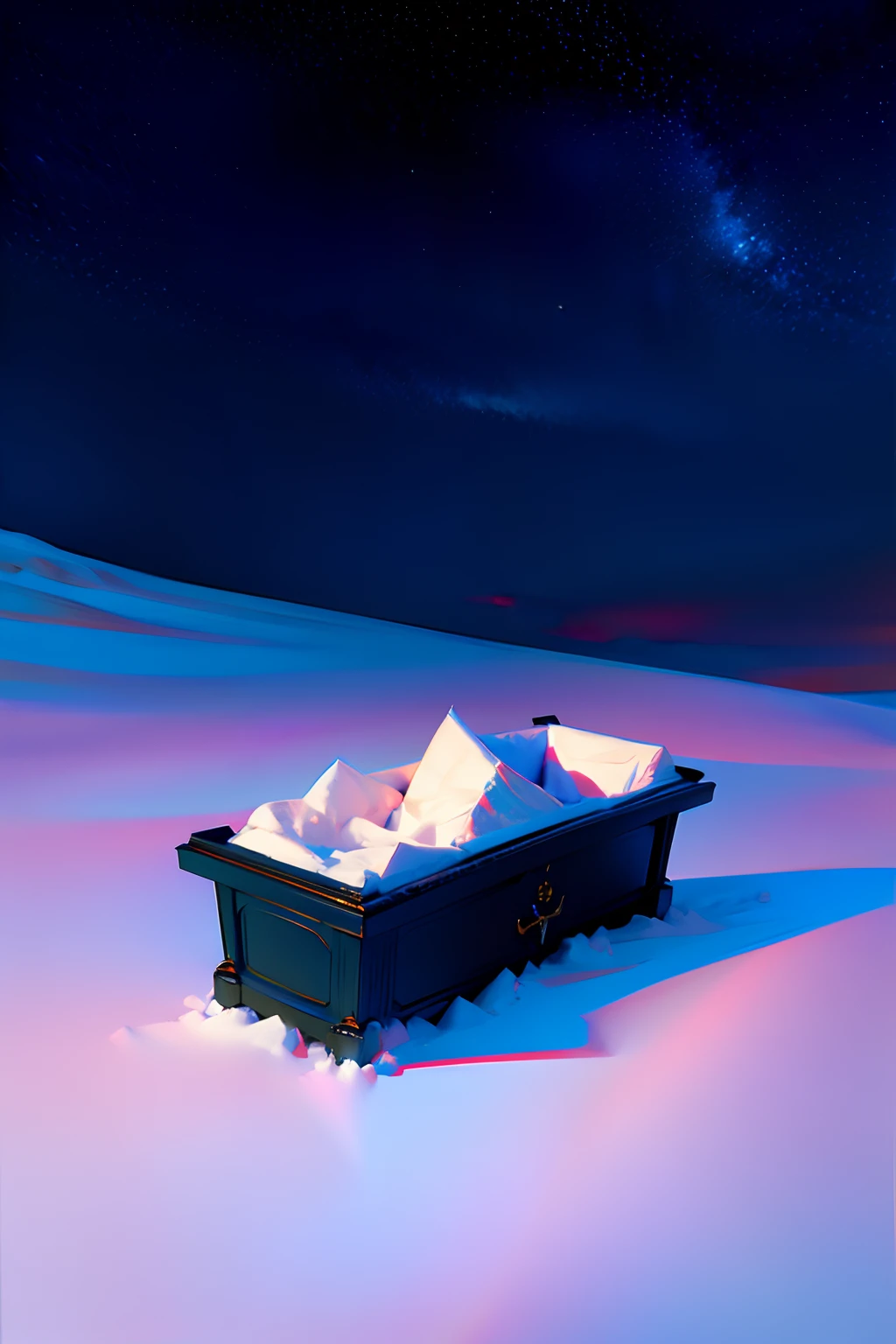 A painting of a closed coffin, sitting in the snow, winter, eerie night time light, dark sky with stars.