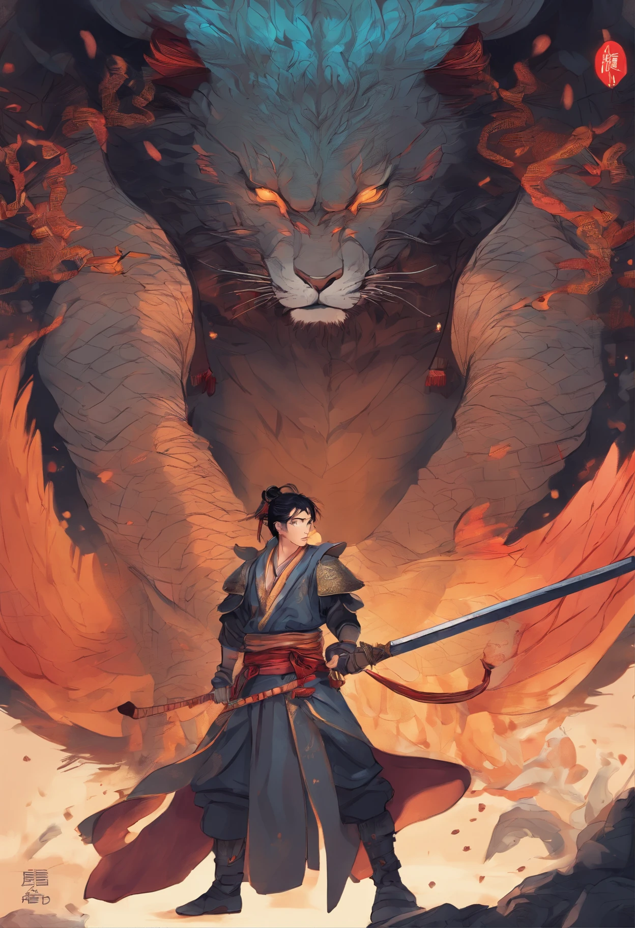 Need，tmasterpiece，It's beautiful，Hanfu，Scholar，folding fan，Sword Qi，Shadow of the dragon，Shadow of the phoenix，A tiger on the left，A lion on the right。