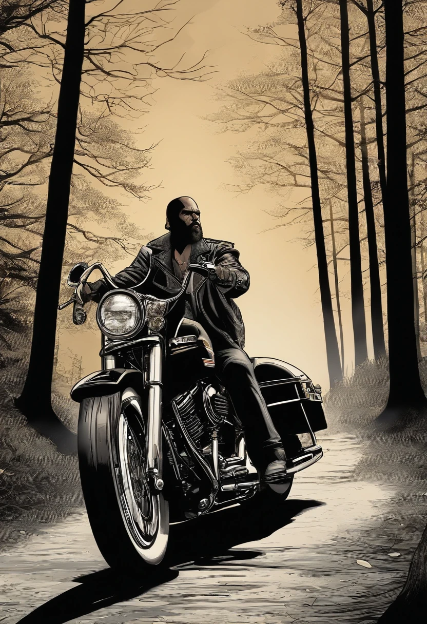 detailed comic book art style, vintage heavy man long hair and beard riding Harley Davidson motor, shiny leather cloth, Scarface, coming out from forest darkness, coming to us, fog, night dark forest road, no light, black, back light, scary spiral tree branches, scary mood, full moon in background, dark black and beige, long shot