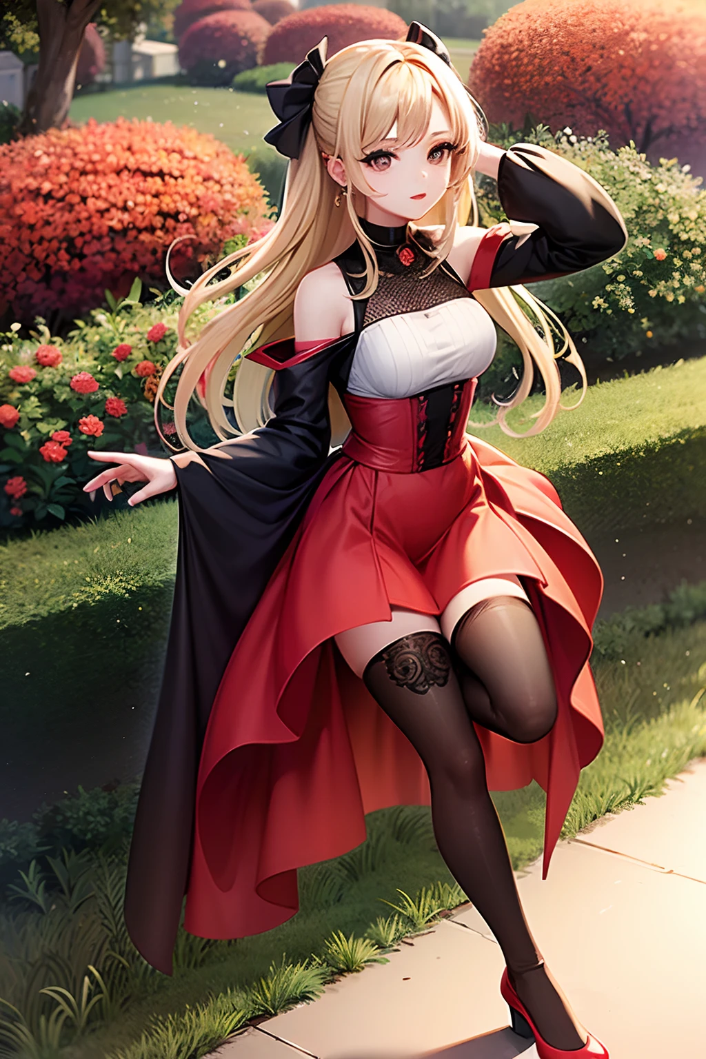 1 girl, solo, masterpiece, Autumn falls background, garden, light dress, offshoulder,black eyes, blonde haired, open hairstyle,fancy round earings, off red lips,dark pink sandels, skin colour stockings, standing position, posing for photoshoot.