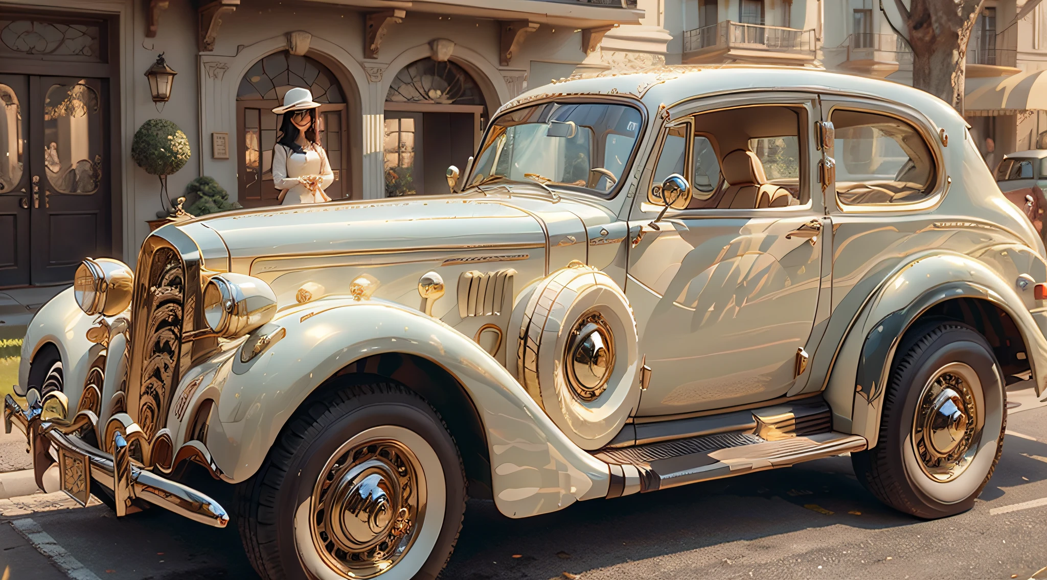 An elegant strawberry blonde emerges from a vintage Rolls-Royce onto the iconic red carpet, the train of her ornately embroidered couture gown cascading gracefully behind as paparazzi flashes reflect off every meticulously set ruby and diamond.